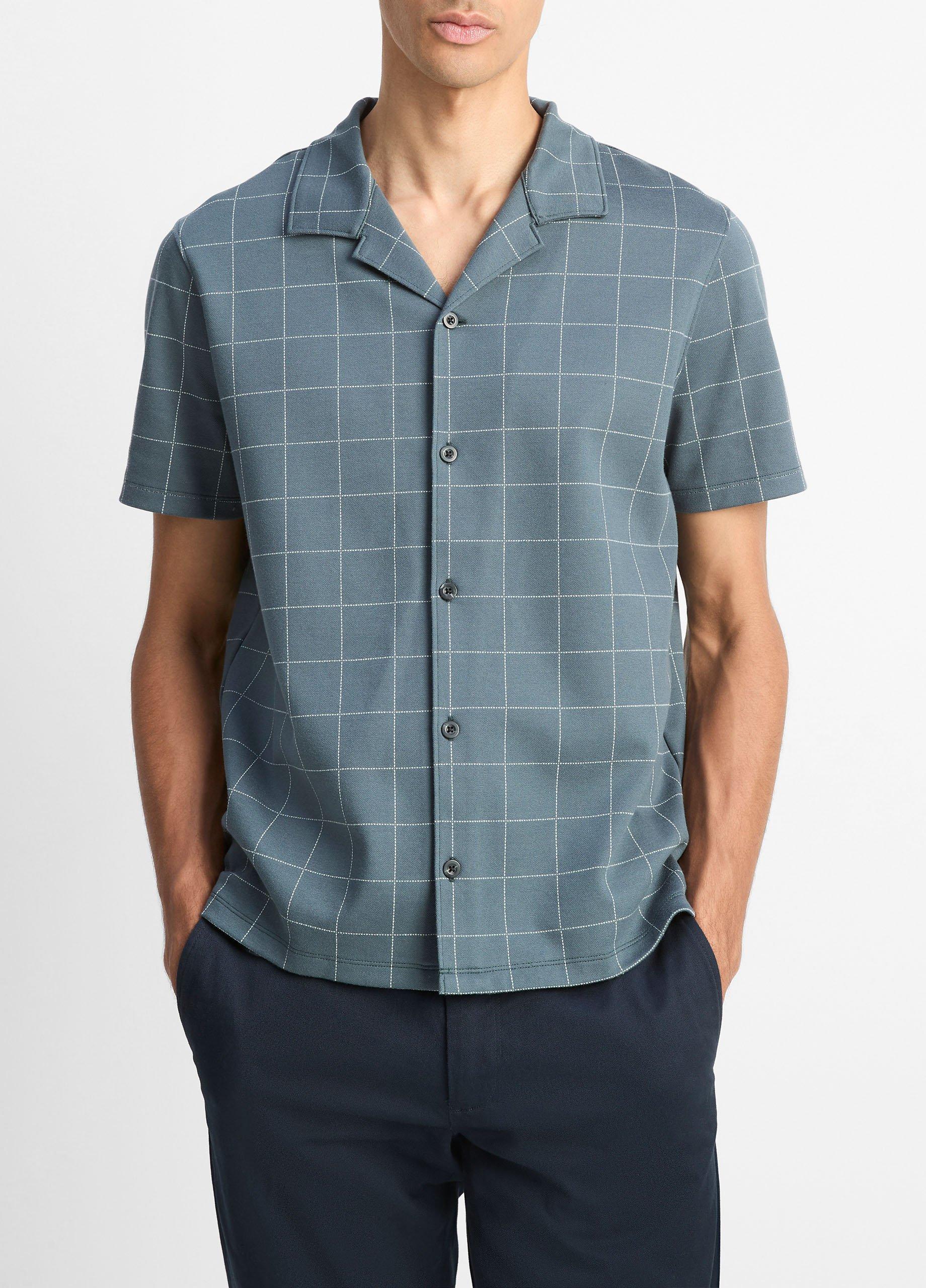 Men's Windowpane Jacquard Cotton-Blend Cabana Shirt, Dark Harbor Blue/off White, Size L Vince