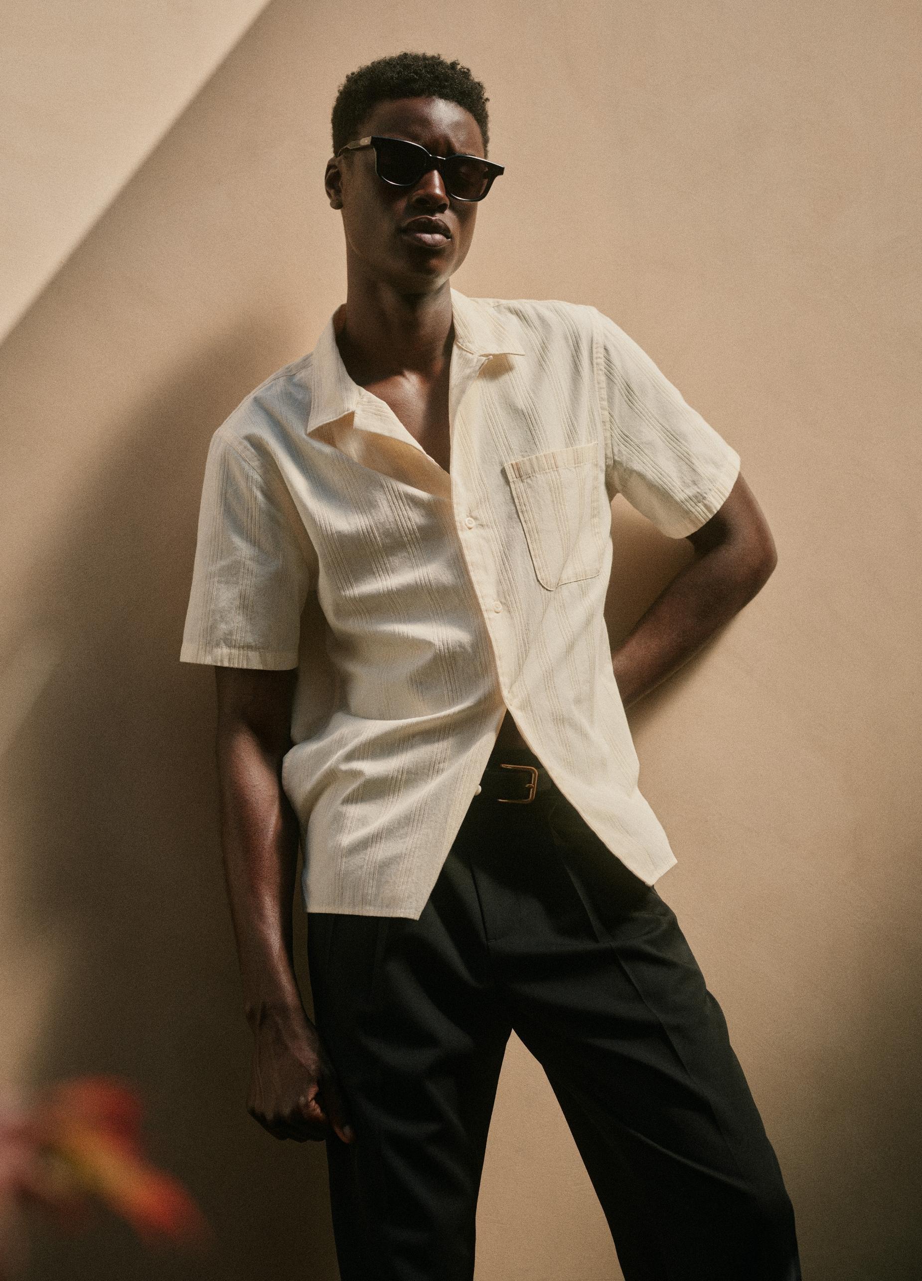 Union Stripe Cotton Short-Sleeve Loop-Collar Shirt image number 4