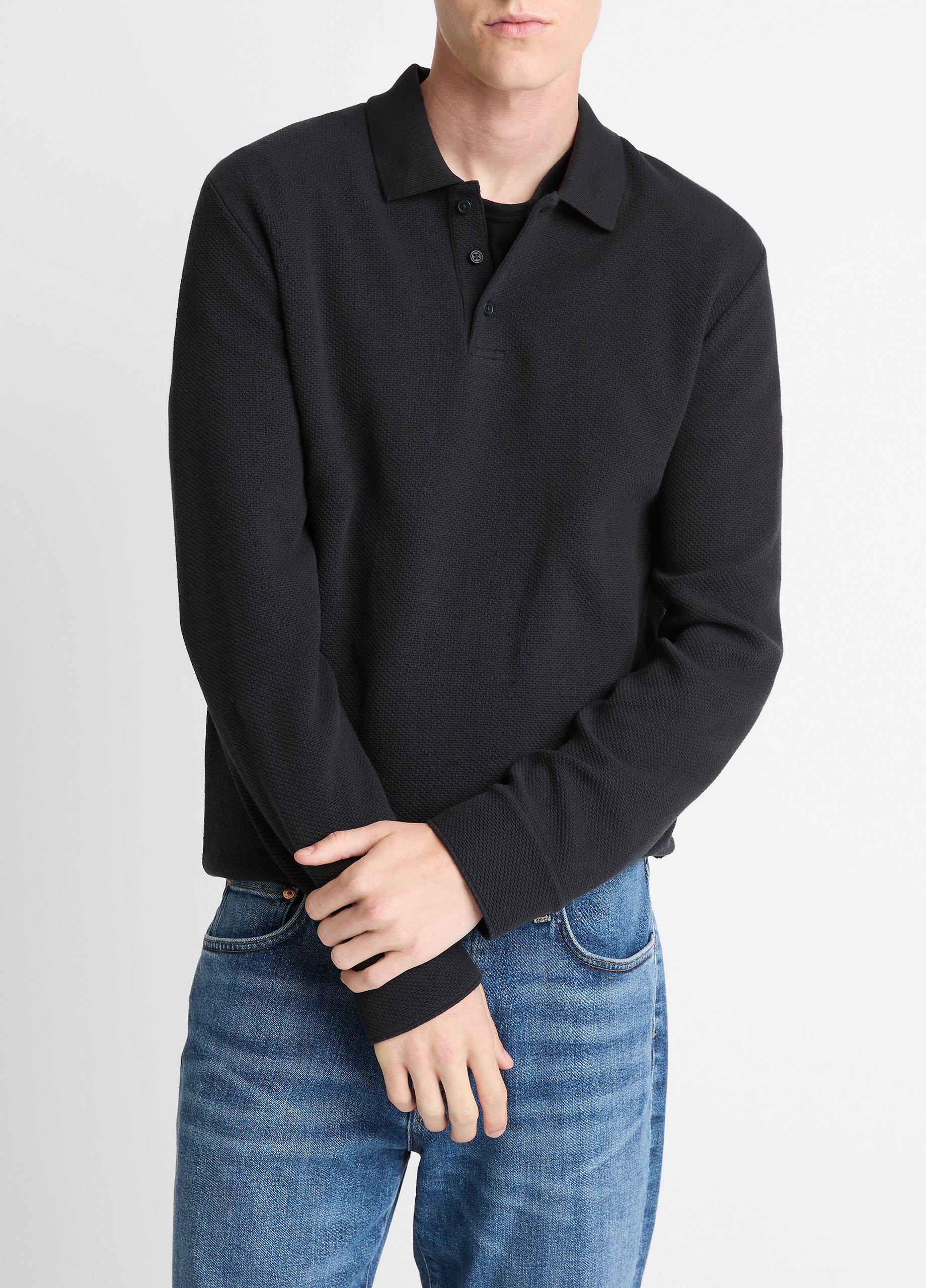 Basket-Weave Cotton Long-Sleeve Polo Shirt