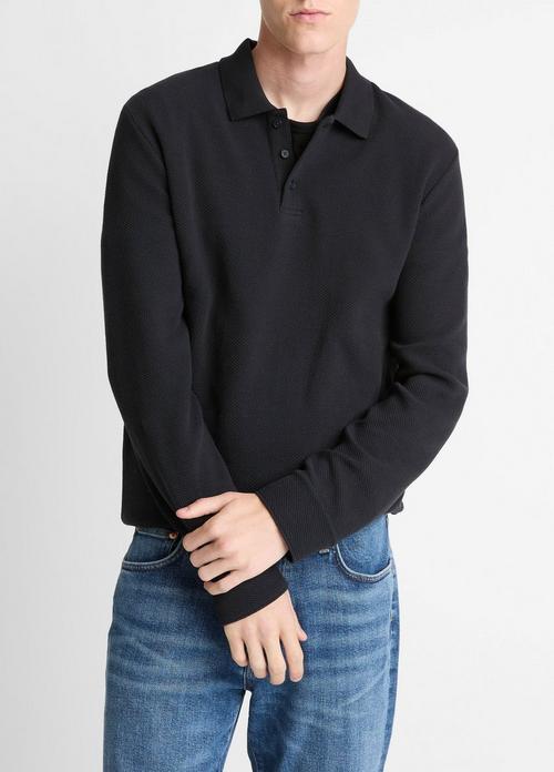 Basket-Weave Cotton Long-Sleeve Polo Shirt