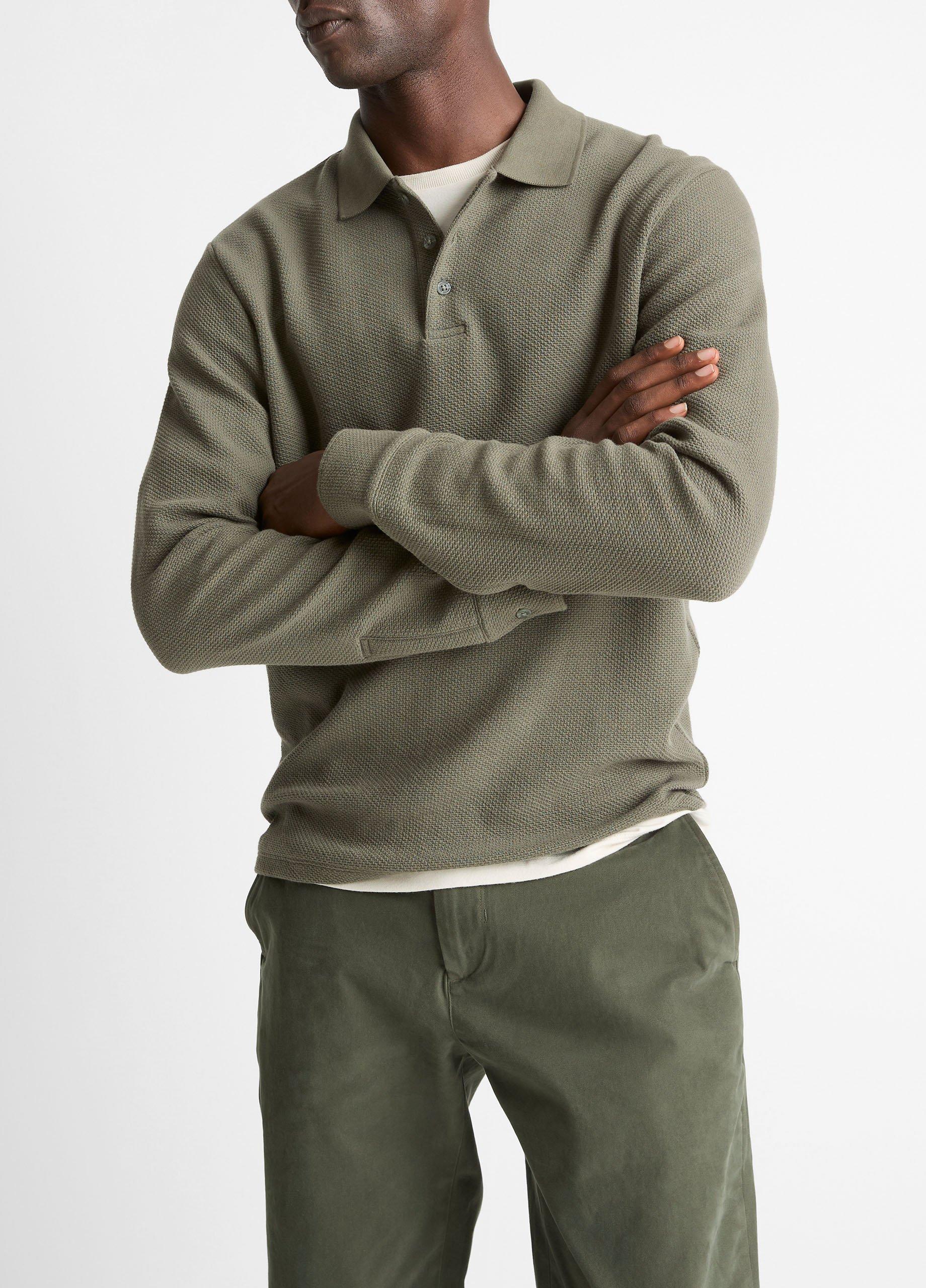 Basket-Weave Cotton Long-Sleeve Polo Shirt