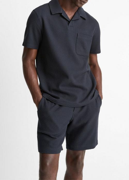 Seersucker-Knit Stretch-Cotton Short-Sleeve Johnny-Collar Shirt