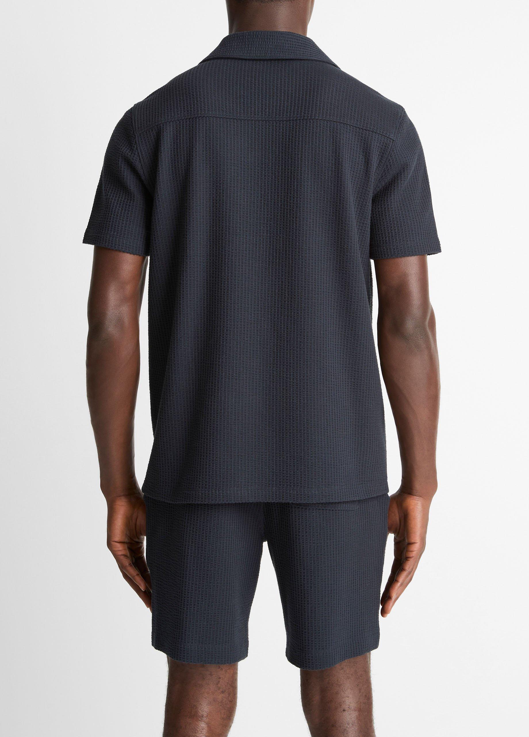 Seersucker-Knit Stretch-Cotton Short-Sleeve Johnny-Collar Shirt in