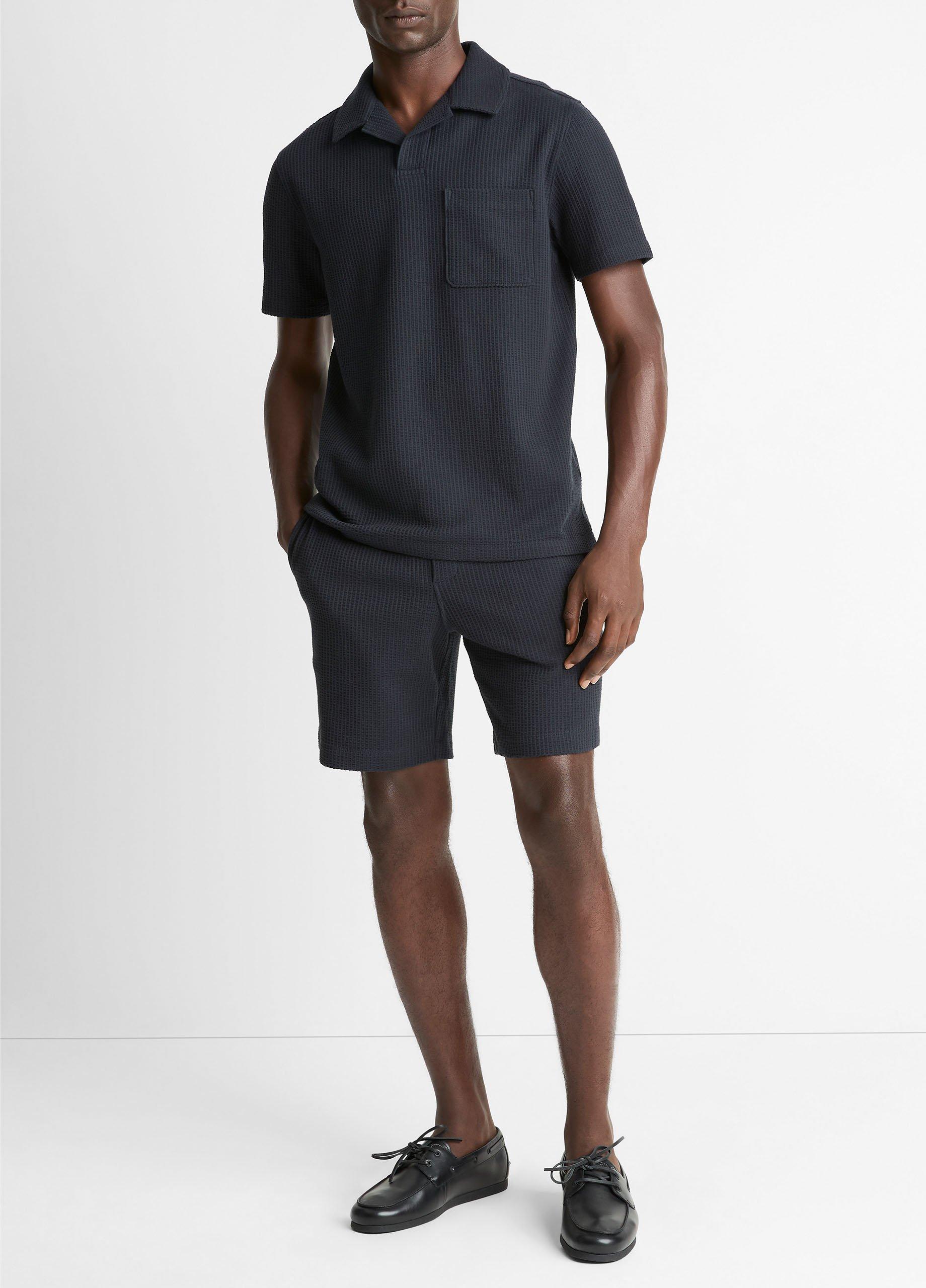 Seersucker-Knit Stretch-Cotton Short-Sleeve Johnny-Collar Shirt in