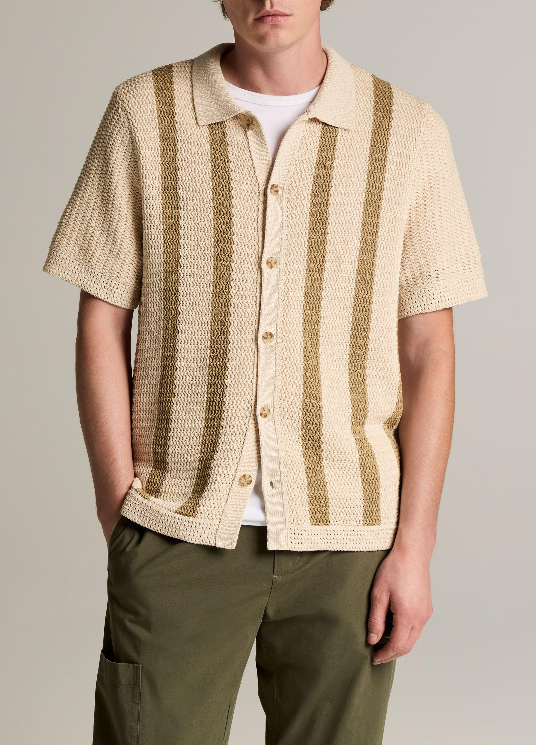 Striped Crochet Cotton Short-Sleeve Button-Front Shirt image number 0