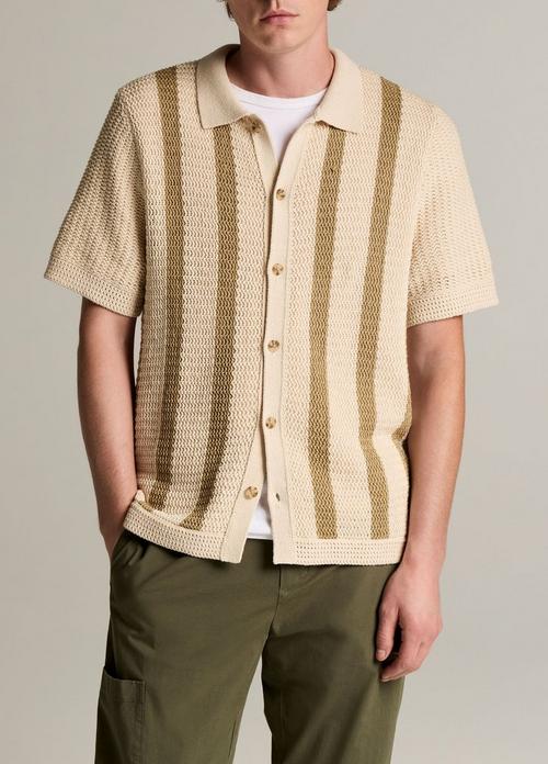 Striped Crochet Cotton Short-Sleeve Button-Front Shirt
