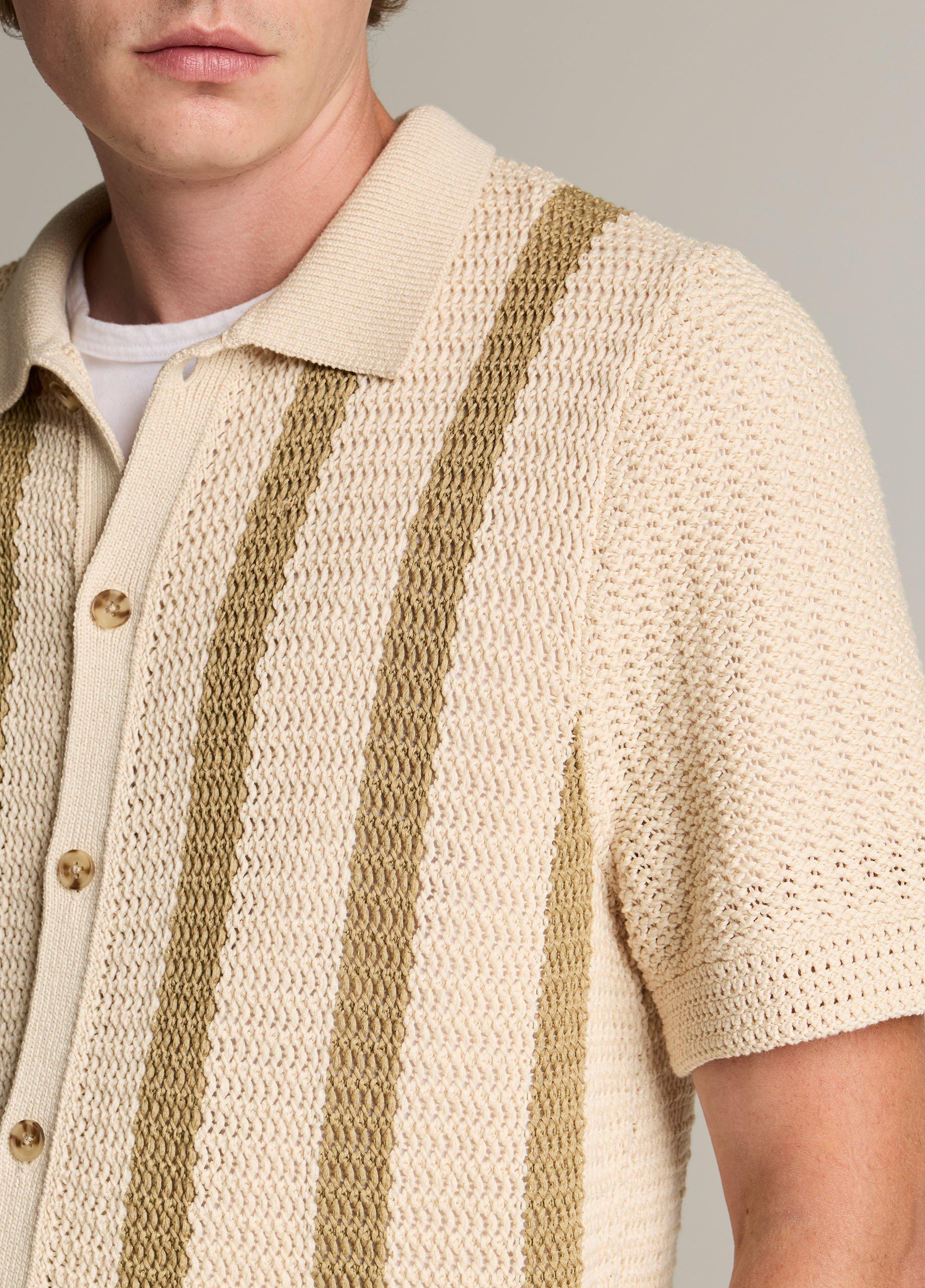 Striped Crochet Cotton Short-Sleeve Button-Front Shirt image number 1