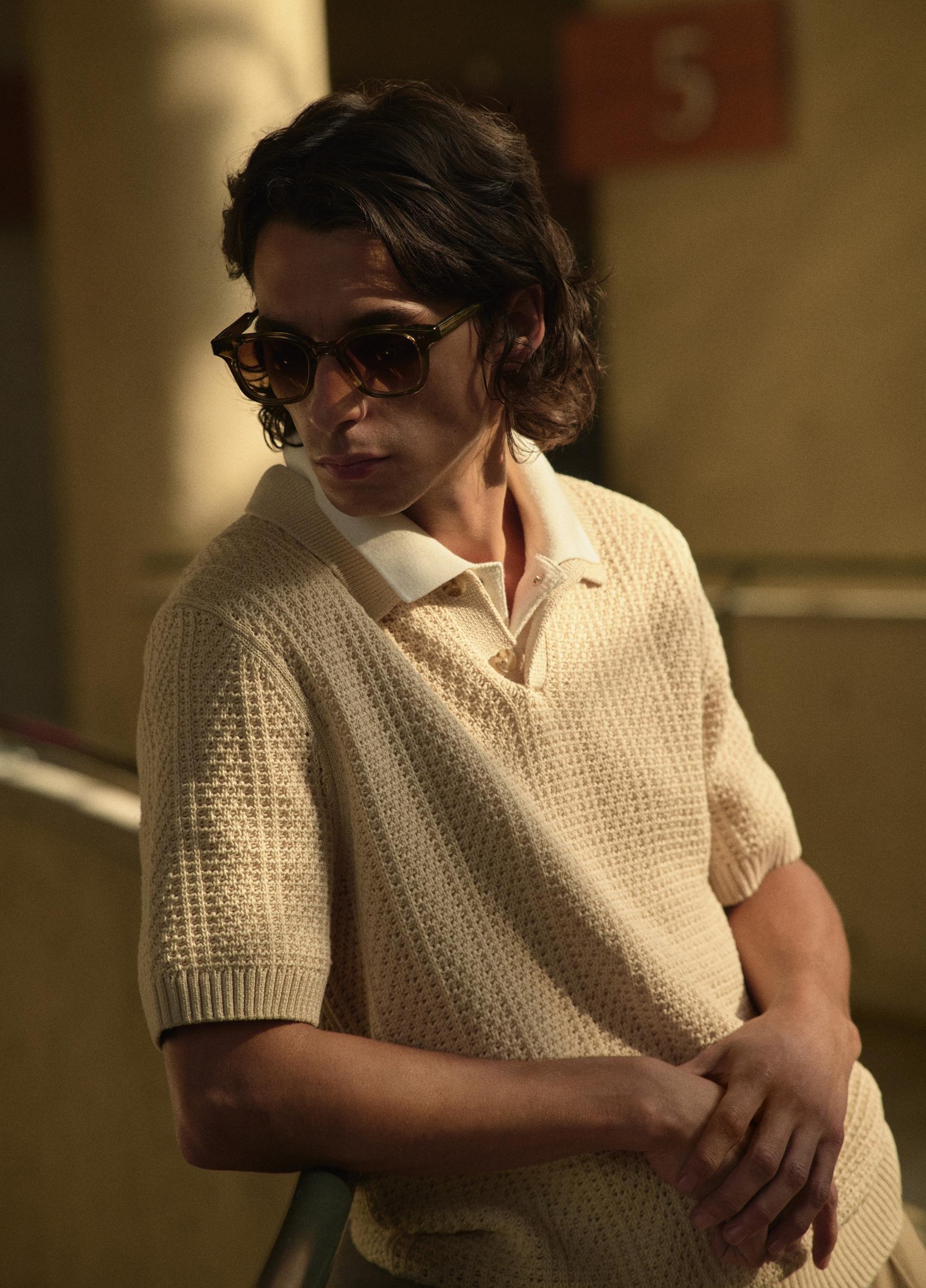 Seed-Stitch Rib Cotton Polo Sweater image number 4