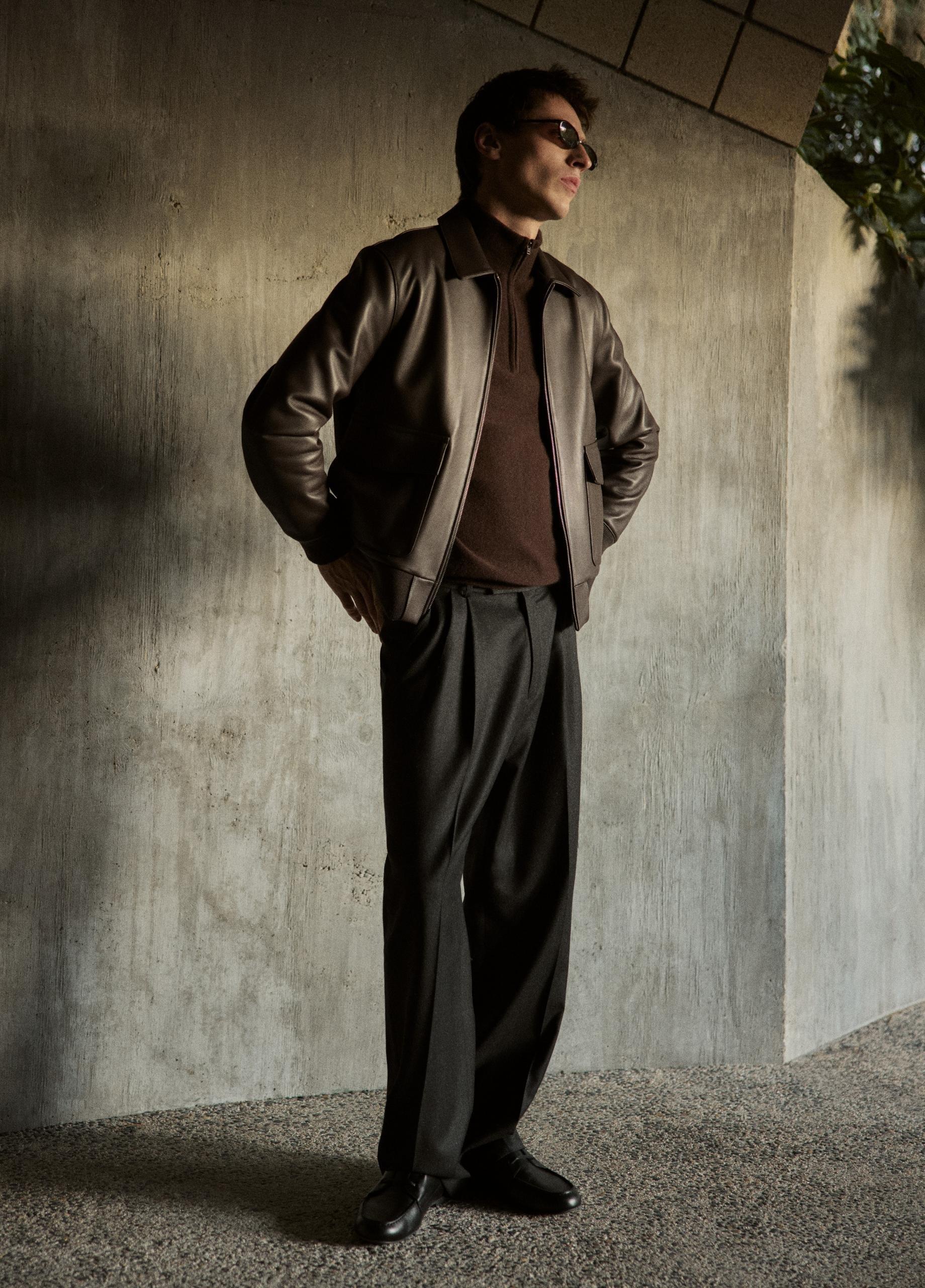 Leather Aviator Bomber Jacket image number 4