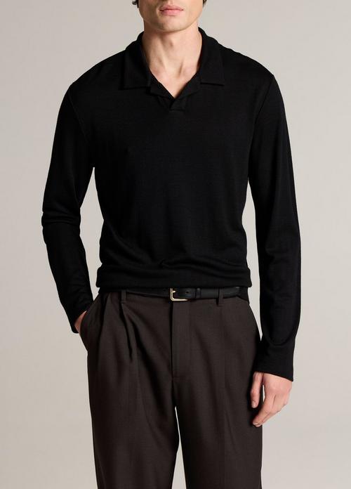 Wool Interlock Johnny-Collar Polo Sweater