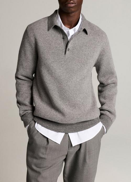 Double-Knit Herringbone Wool-Cashmere Polo Sweater