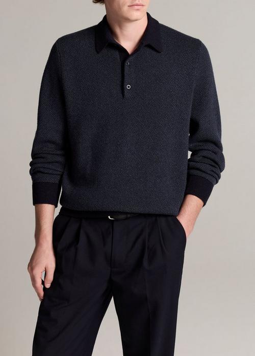 Double-Knit Herringbone Wool-Cashmere Polo Sweater