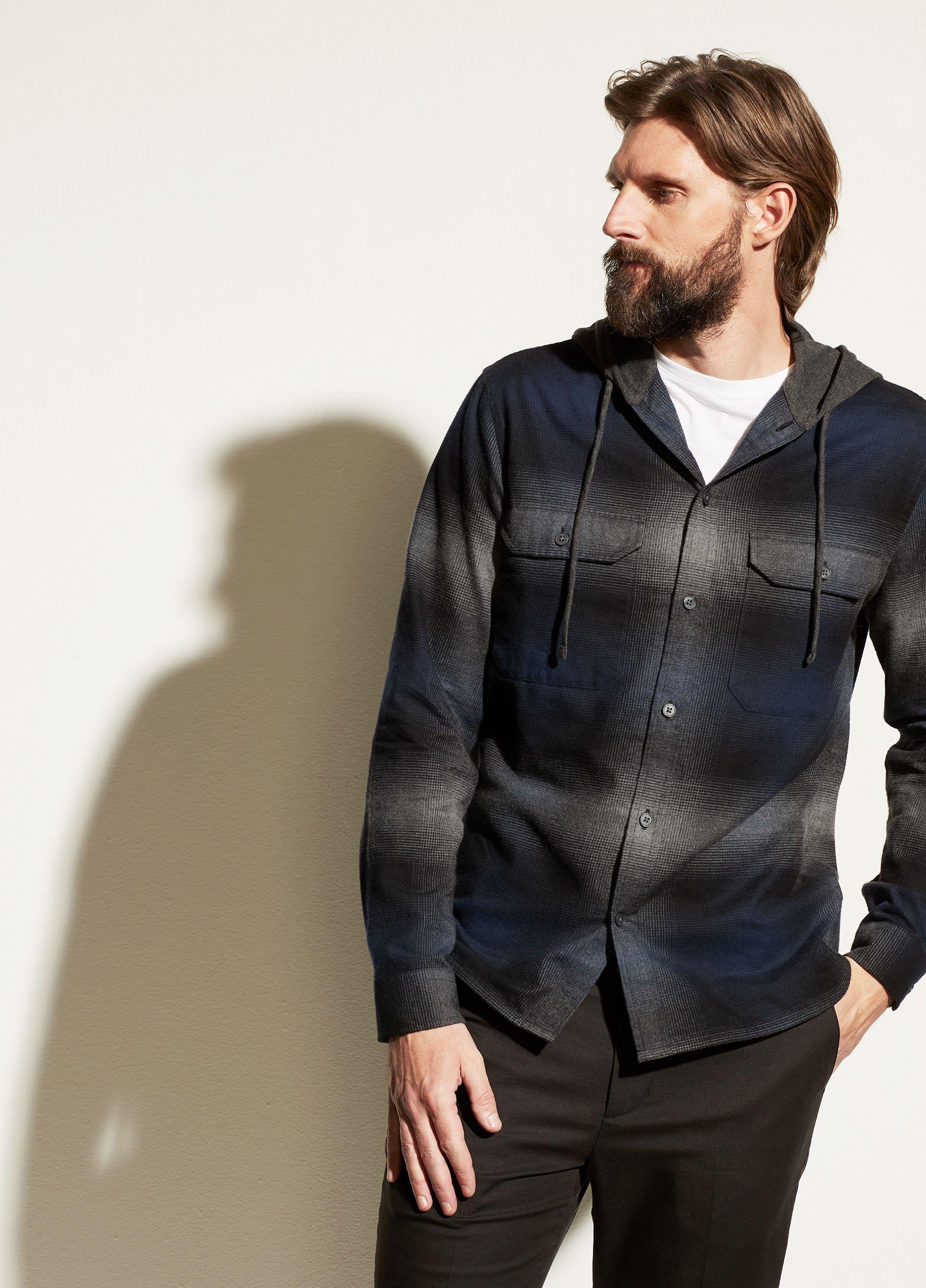 Ombre Plaid Hooded Overshirt in Vince Products Men | Vince