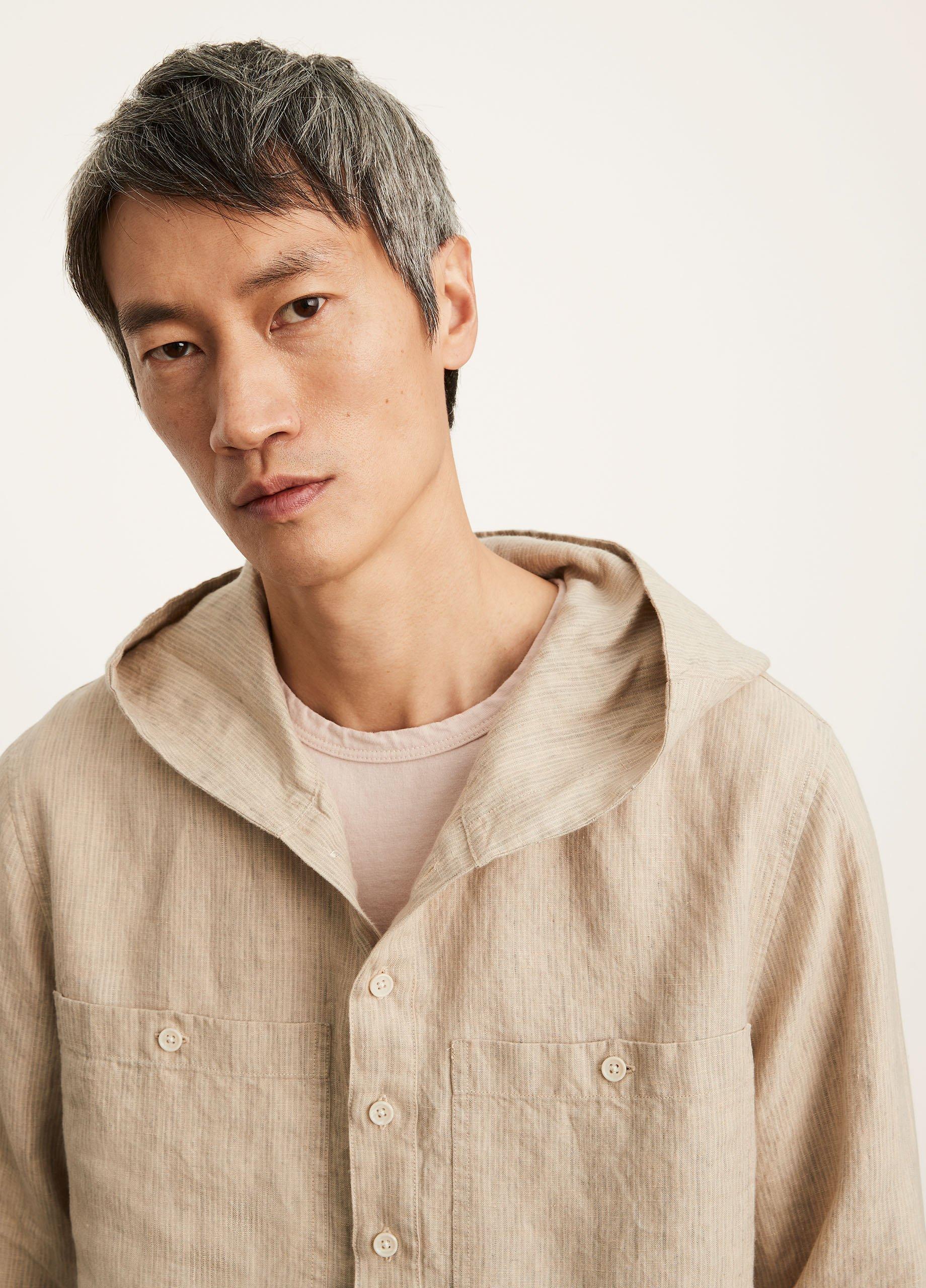 Linen Stripe Hooded Long Sleeve Popover image number 1