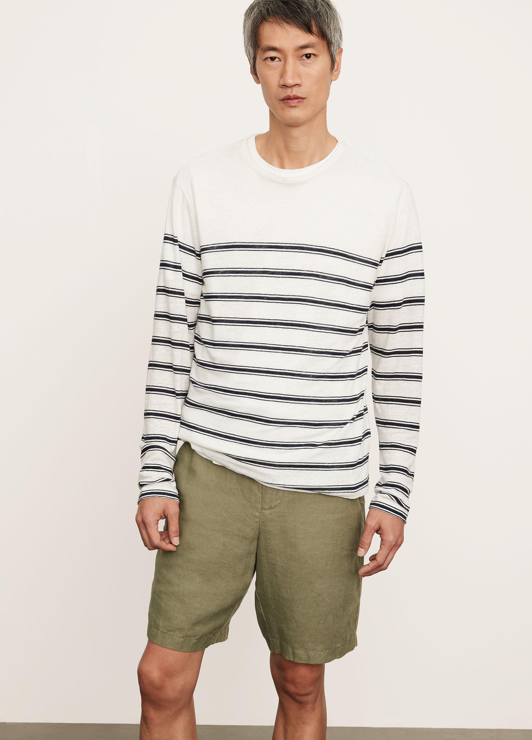 【YOURNUS】Cool Linen Stripe Long Sleeve Linen Stripe Long Sleeve Crew in Vince Products Men | Vince