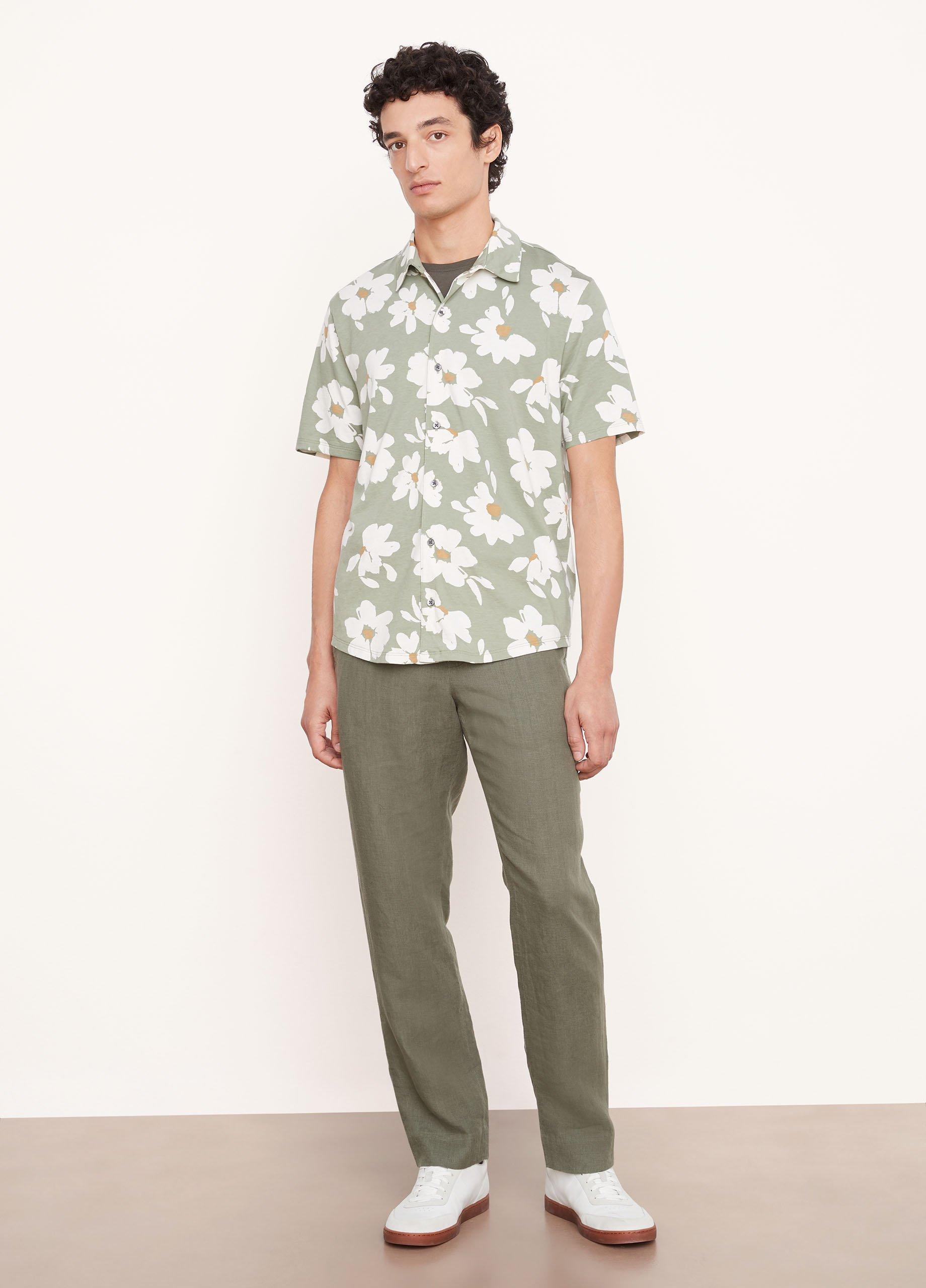 Pima Cotton Painterly Print Short Sleeve Button Down Shirt