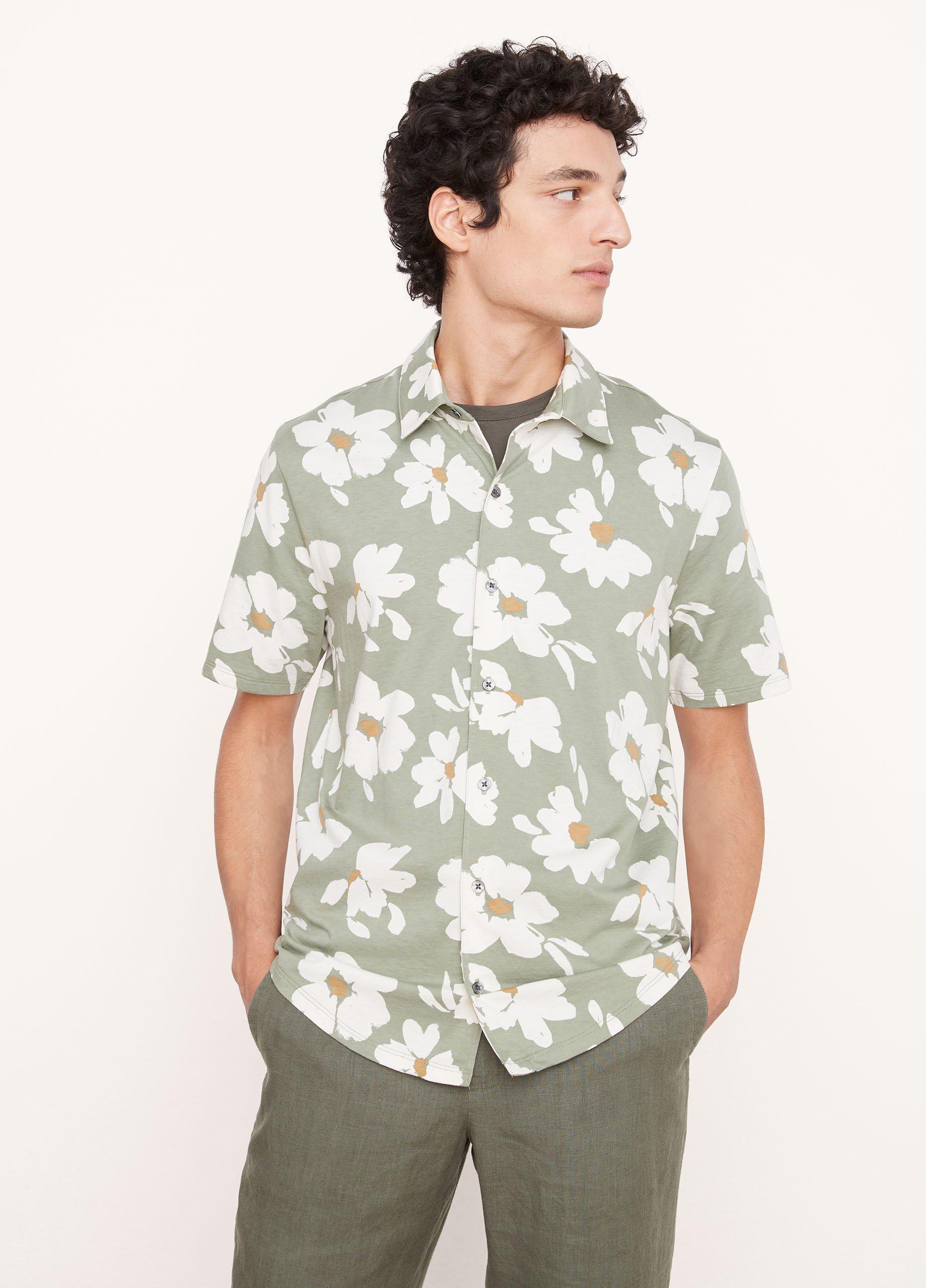 Pima Cotton Painterly Print Short Sleeve Button Down Shirt