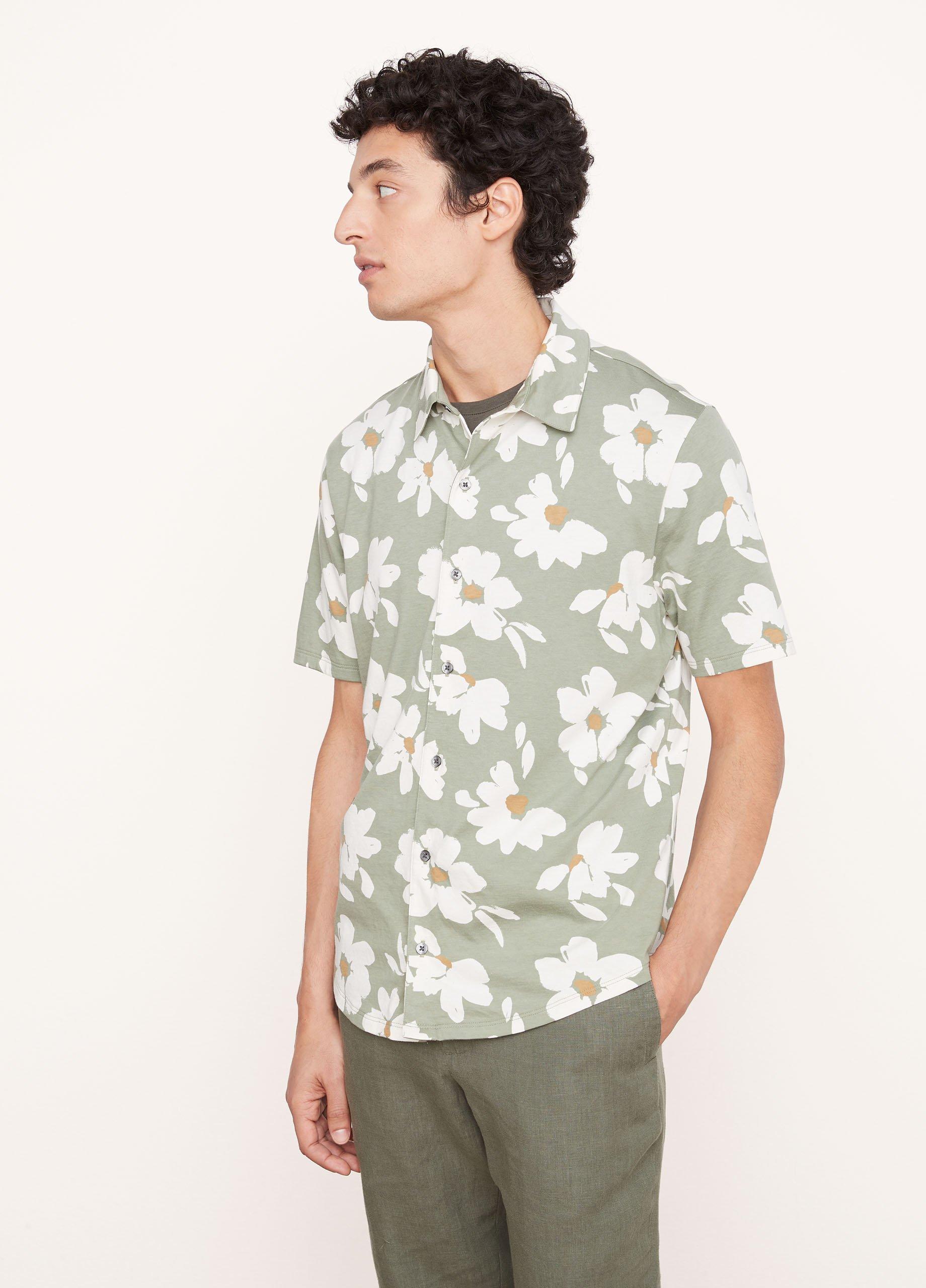 Pima Cotton Painterly Print Short Sleeve Button Down Shirt