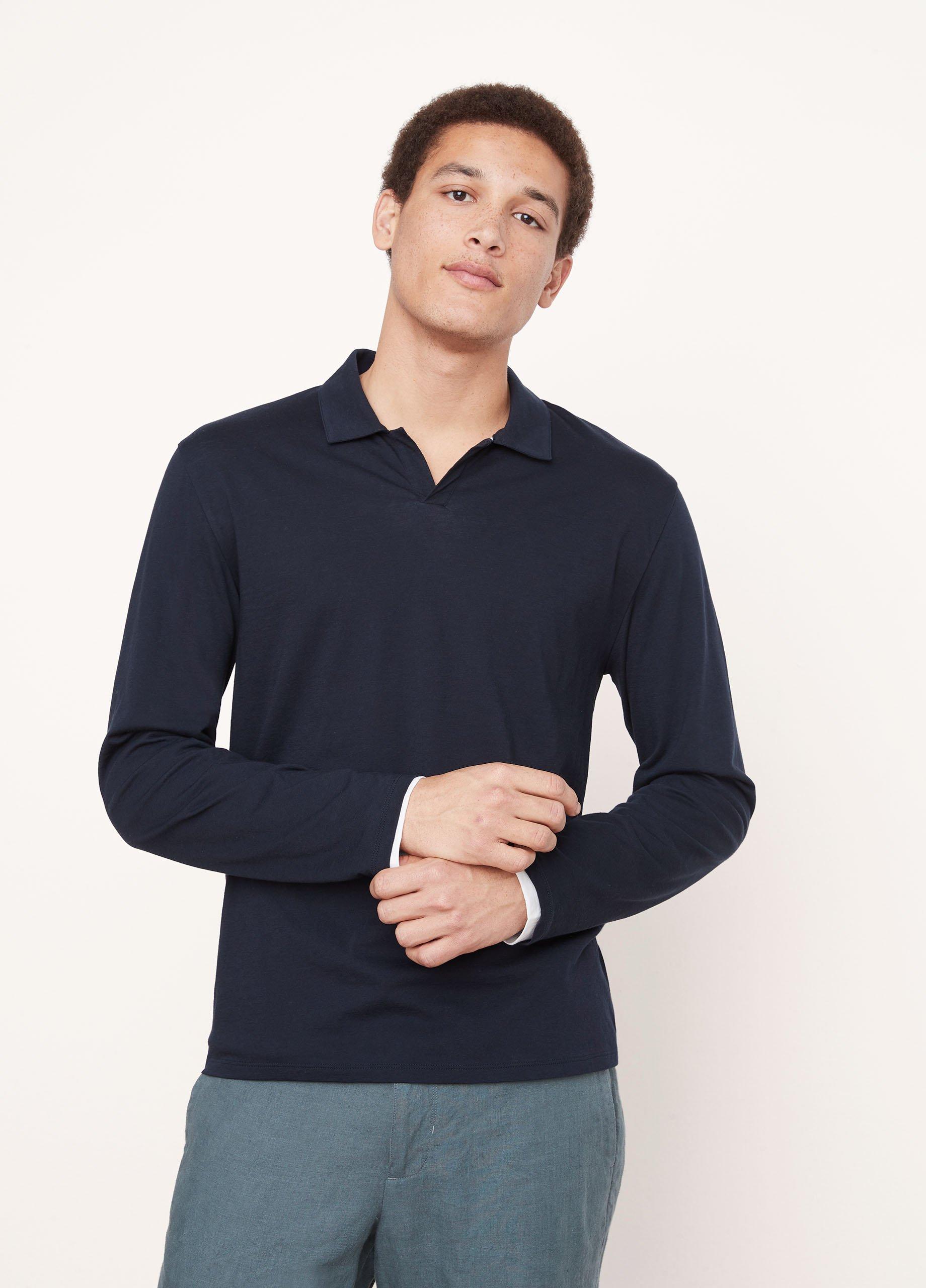 Pima Cotton Double-Layer Long Sleeve Johnny Collar Shirt in Tees