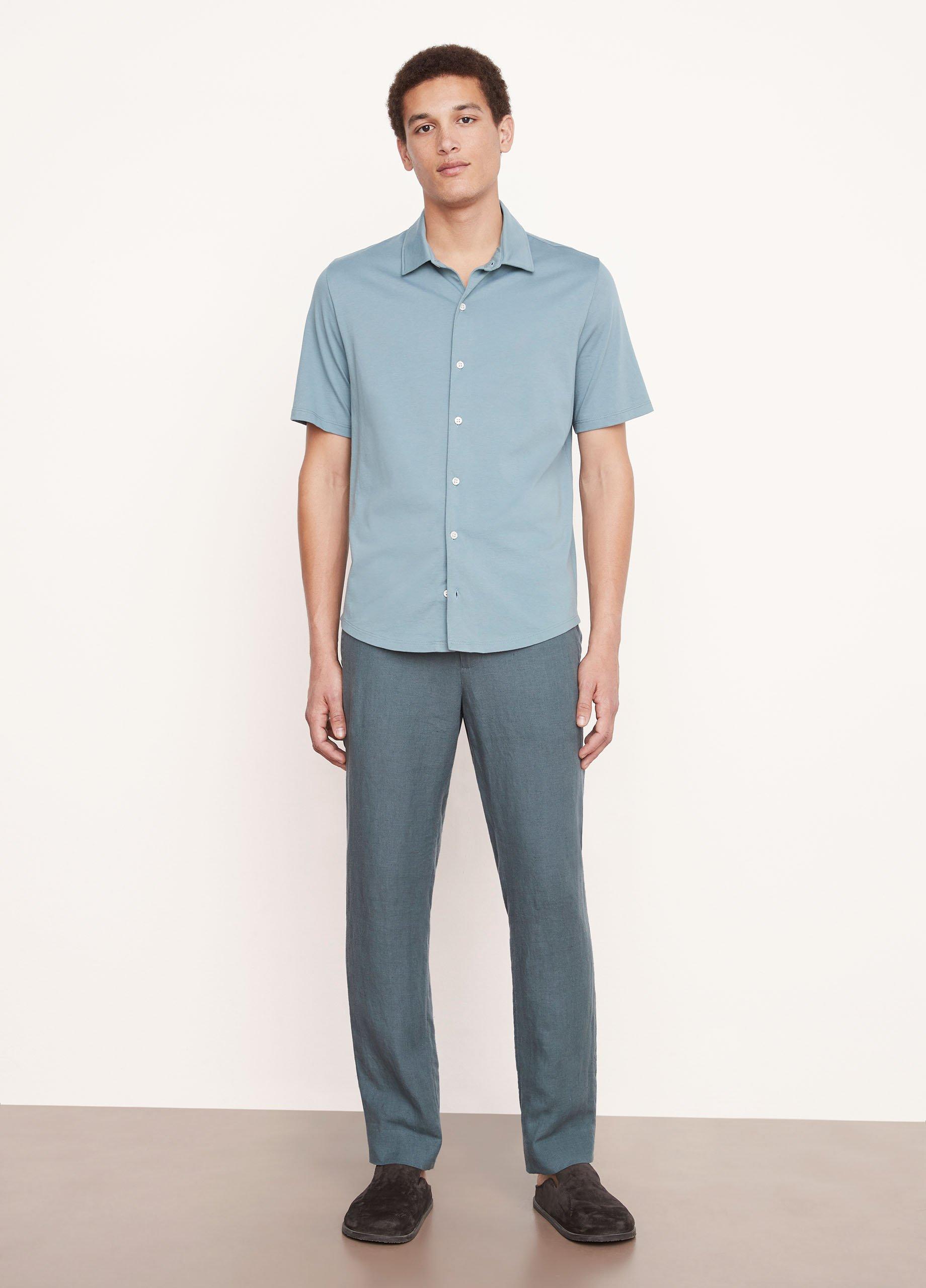 빈스 Vince Pima Cotton Short Sleeve Button Down Shirt,TEAL POOL