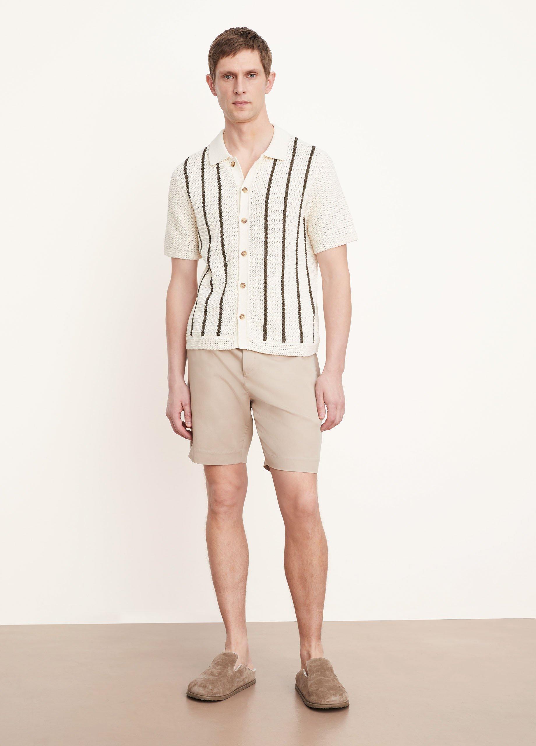 빈스 Vince Crochet Stripe Short-Sleeve Button-Front Shirt,BONE/CYPRESS