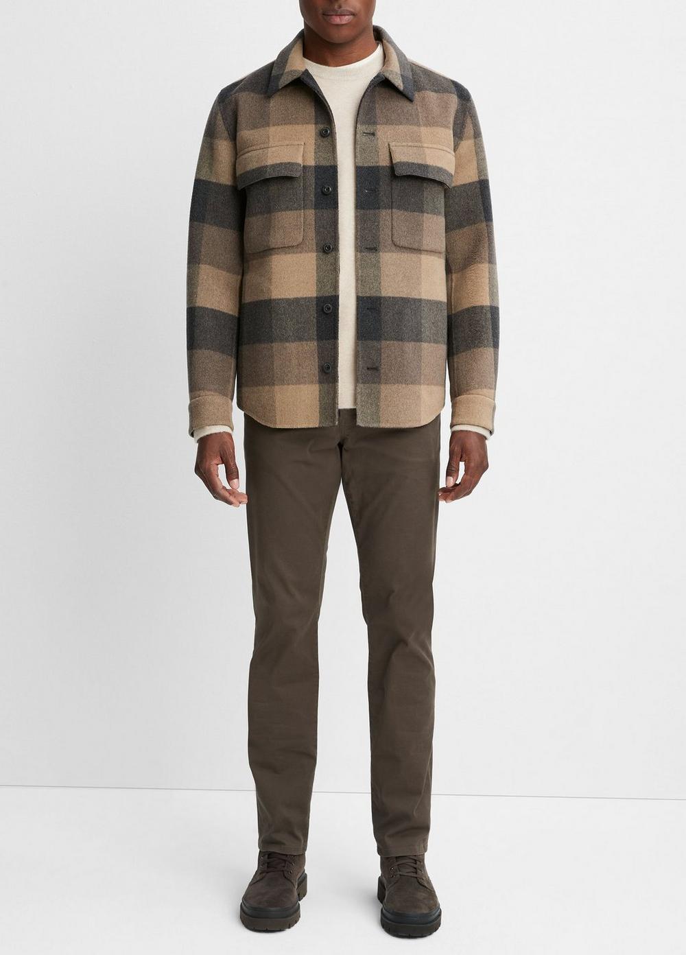 Plaid Splittable Wool-Blend Shirt Jacket, Warm Pewter, Size L Vince