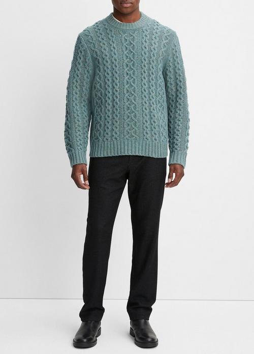 Merino Wool-Cashmere Aran Cable Crew Neck Sweater