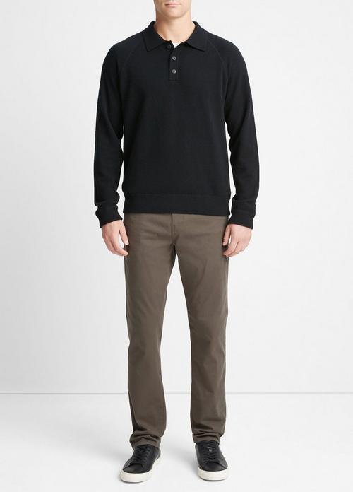 빈스 Vince Cashmere Long-Sleeve Polo Sweater,BLACK/MEDIUM HEATHER GREY