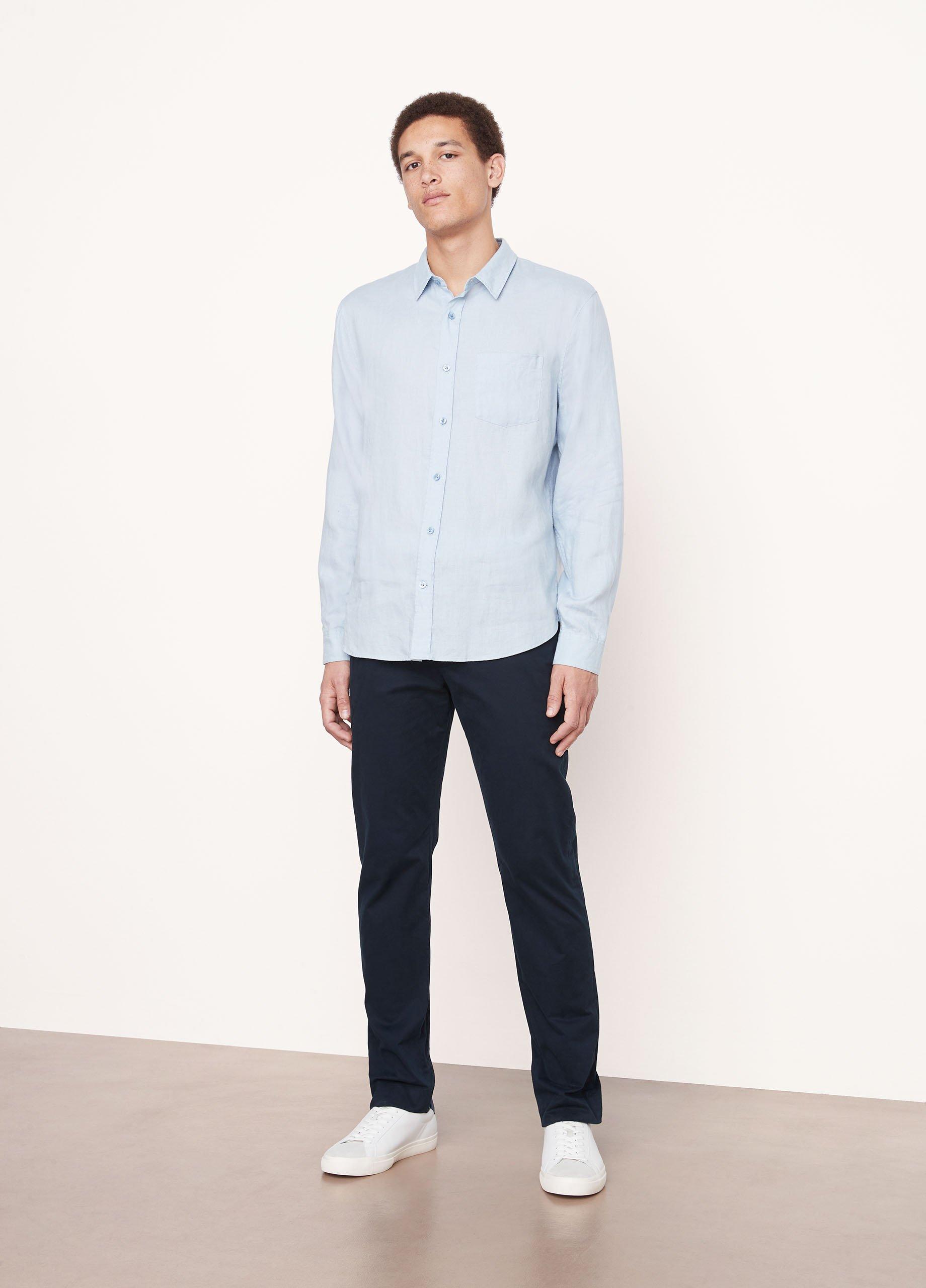 Linen Long-Sleeve Shirt, Dark Oxford Blue, Size XXL Vince