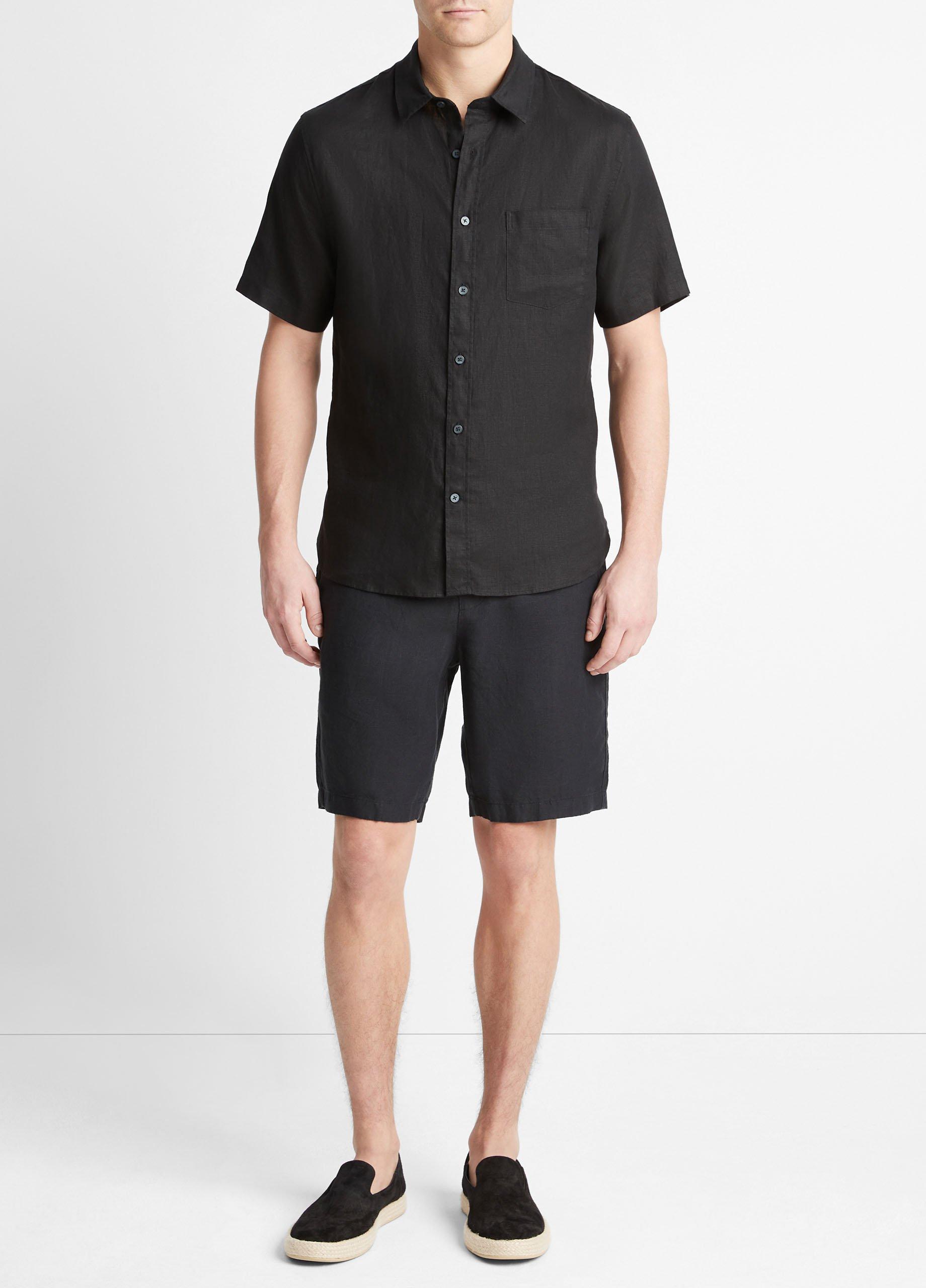 linen short-sleeve shirt, black, size l vince
