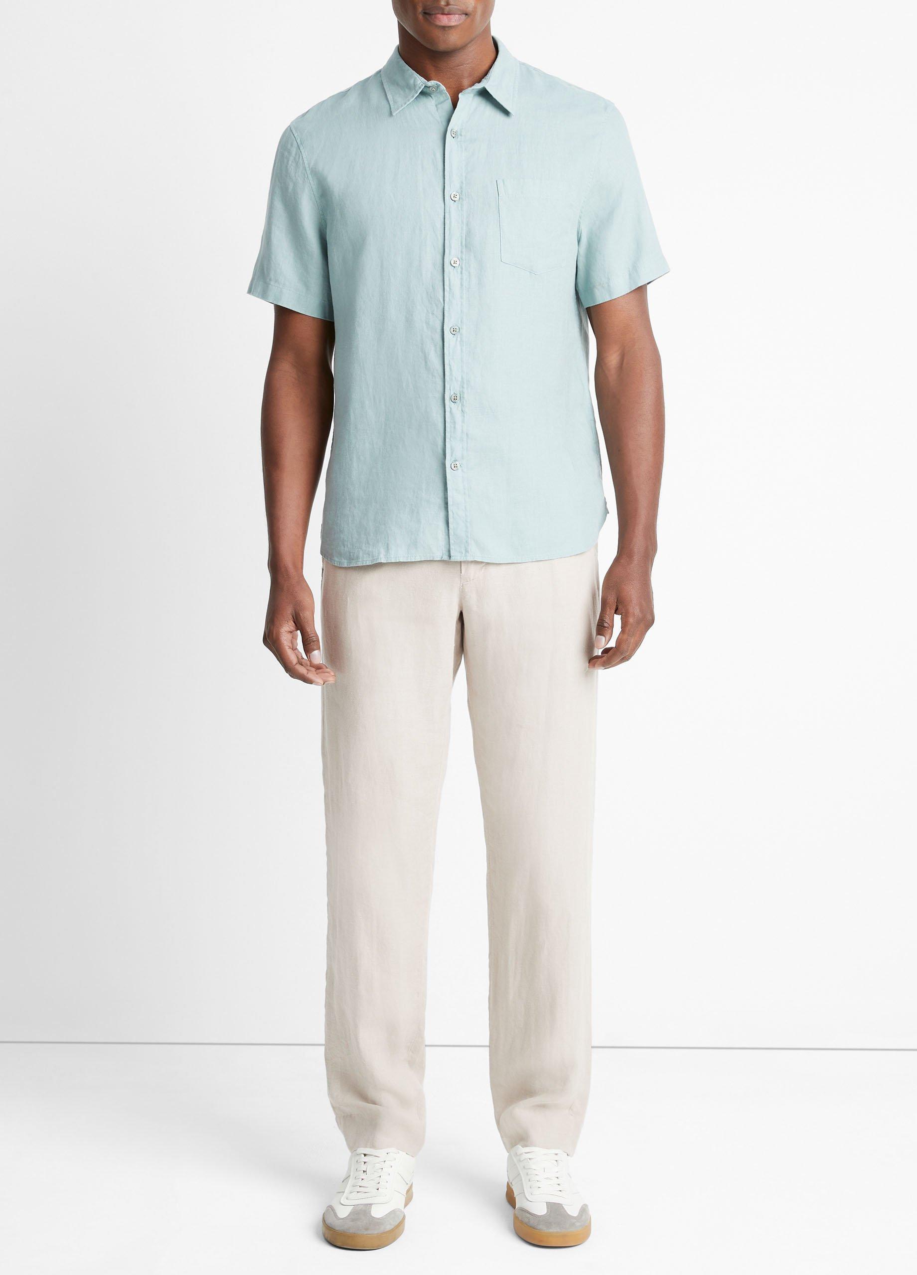 Linen Short-Sleeve Shirt, Ceramic Blue, Size XXL Vince