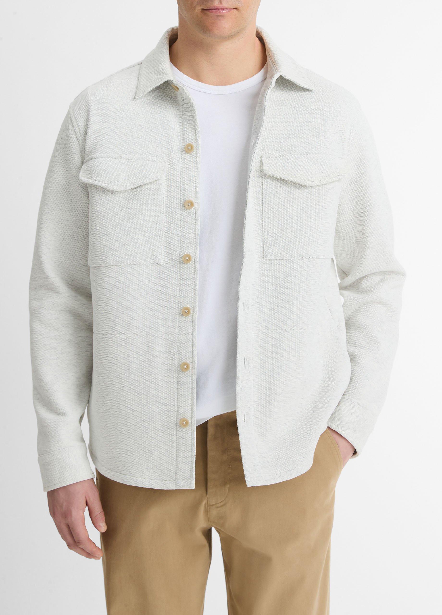 Men's Double-Knit Cotton-Blend Piqué Shirt Jacket, Heather White/light Heather Grey, Size M Vince