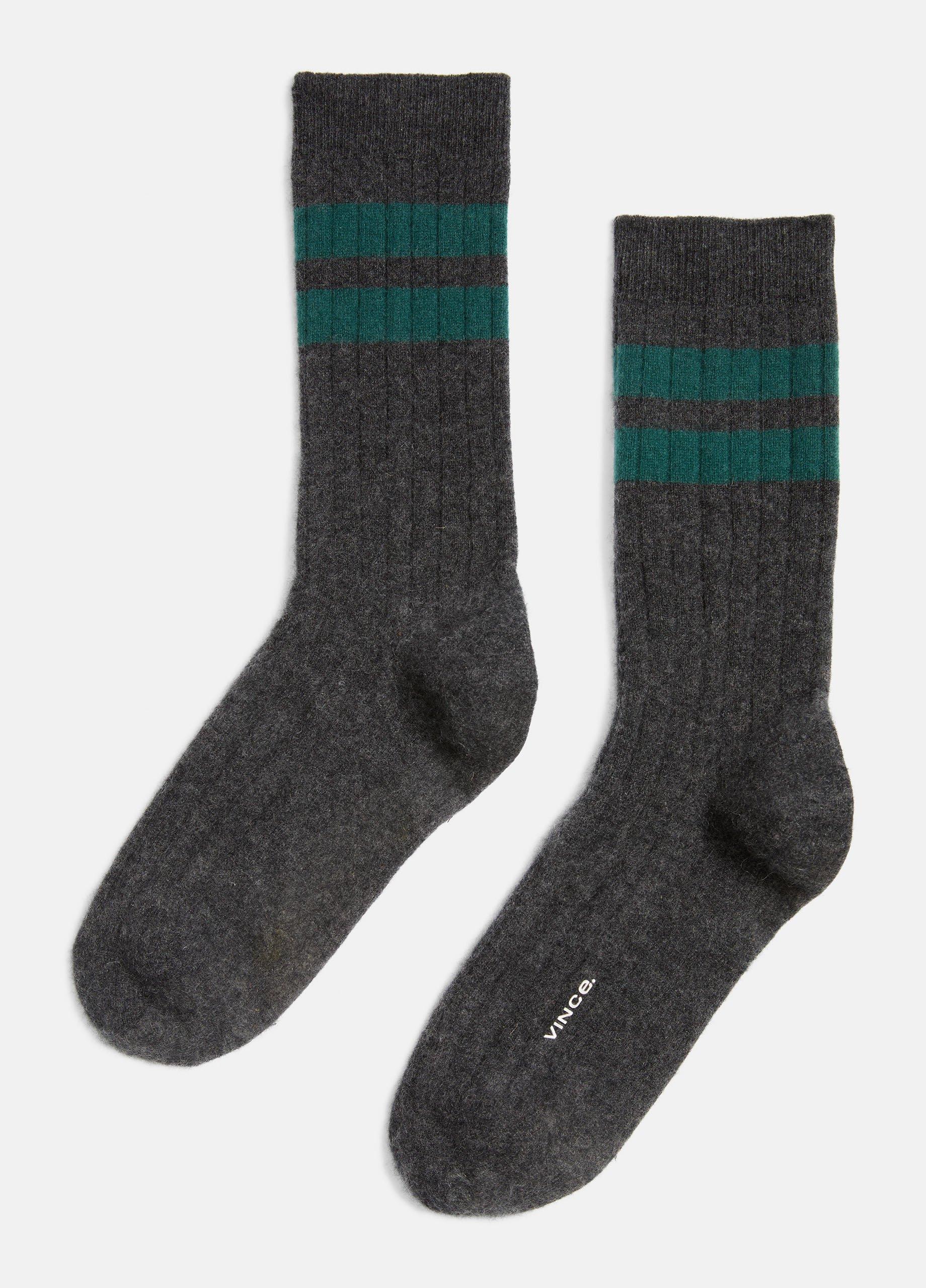 Men's Men's Double-Stripe Cashmere Rib Sock, Heather Charcoal/emerald, Size L/XL Vince