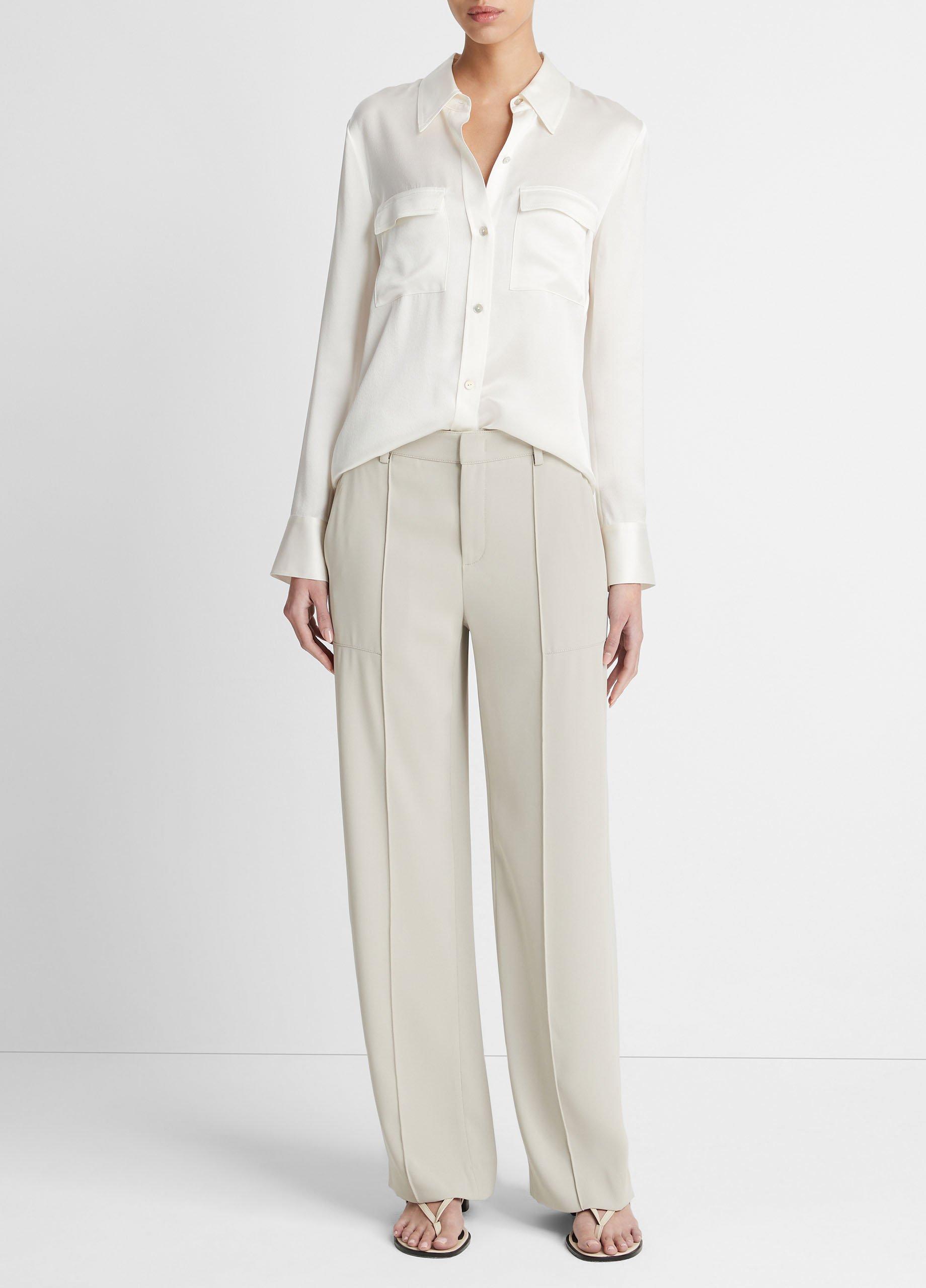 빈스 Vince Silk Chest-Pocket Long-Sleeve Blouse,OFF WHITE