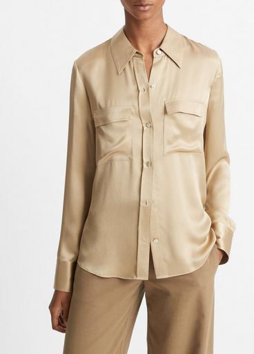 Silk Chest-Pocket Long-Sleeve Blouse image number 1
