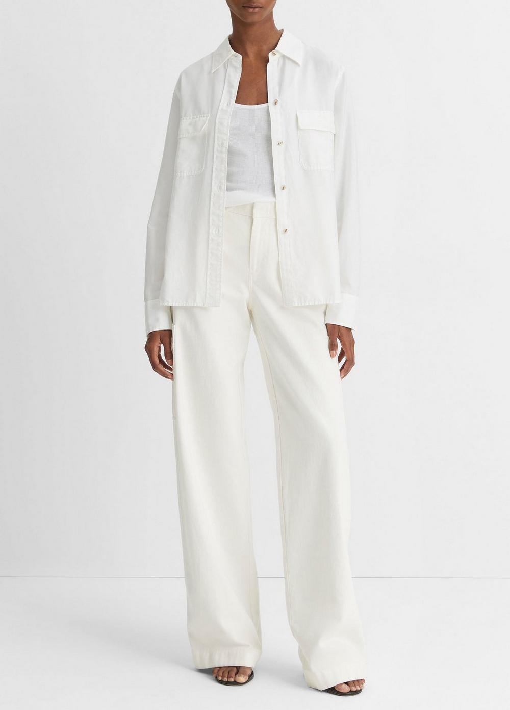Cotton-Silk Utility Long-Sleeve Shirt, White, Size S Vince