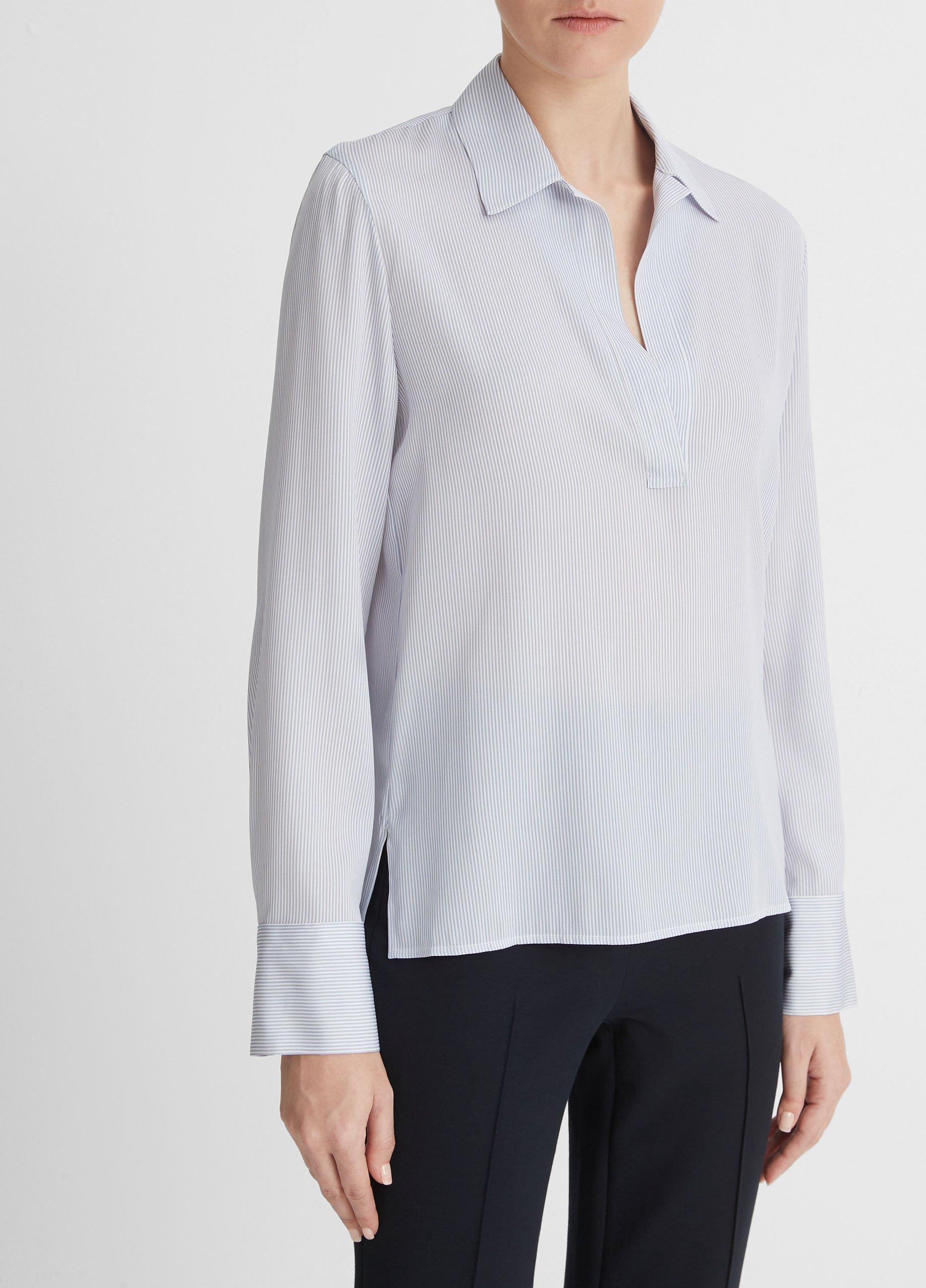 Micro-Stripe Stretch-Silk Pullover Blouse