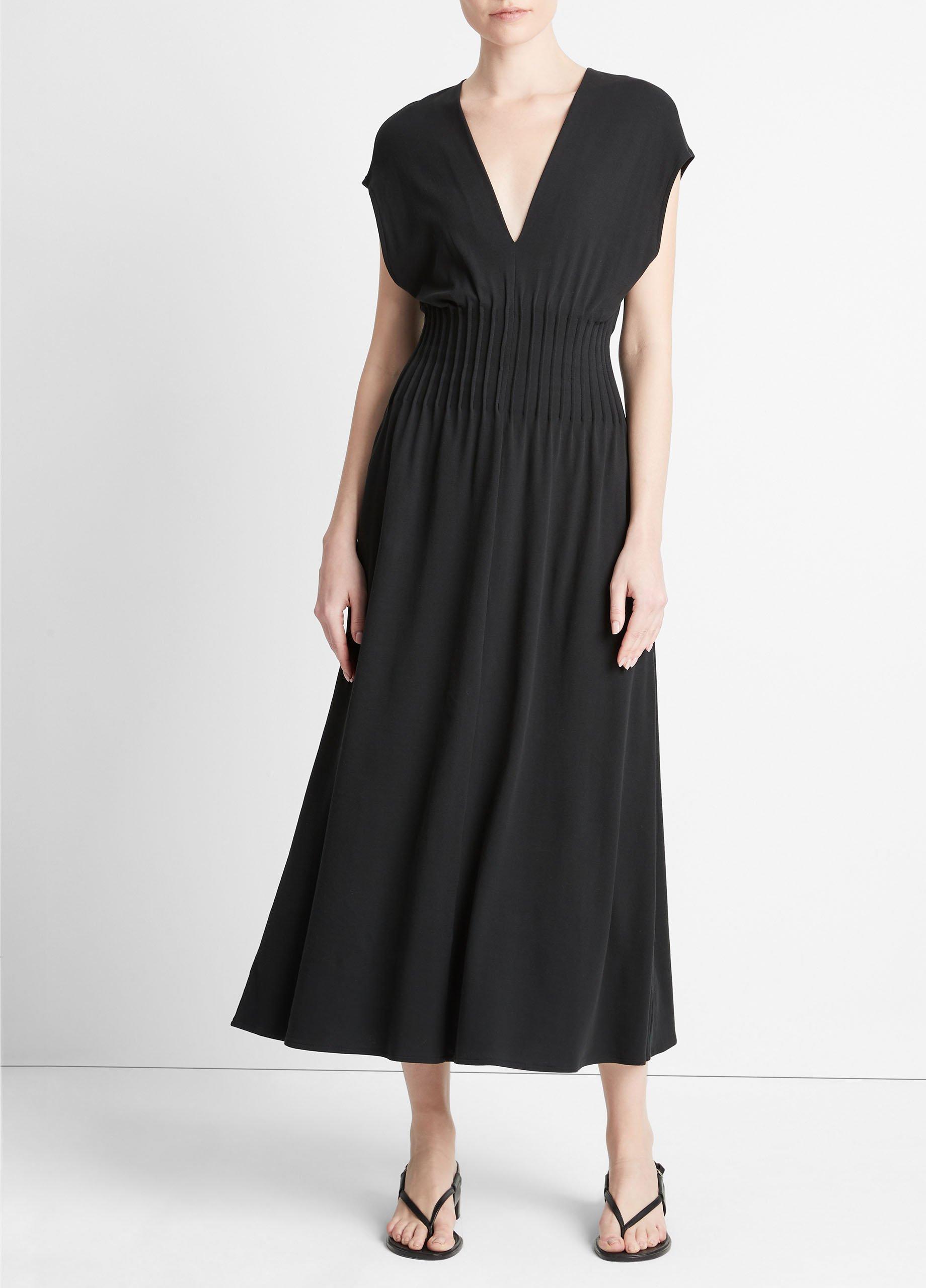 빈스 Vince Pintuck Cotton V-Neck Dress,BLACK