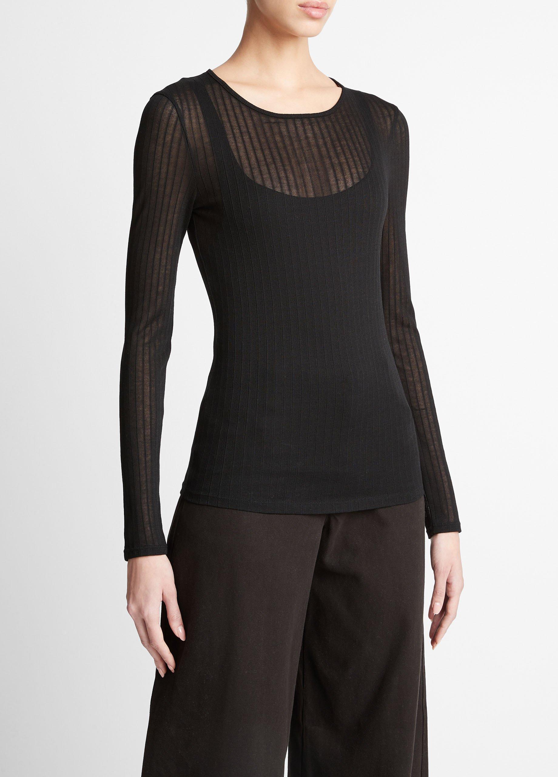 Sheer Long-Sleeve Crew Neck Top