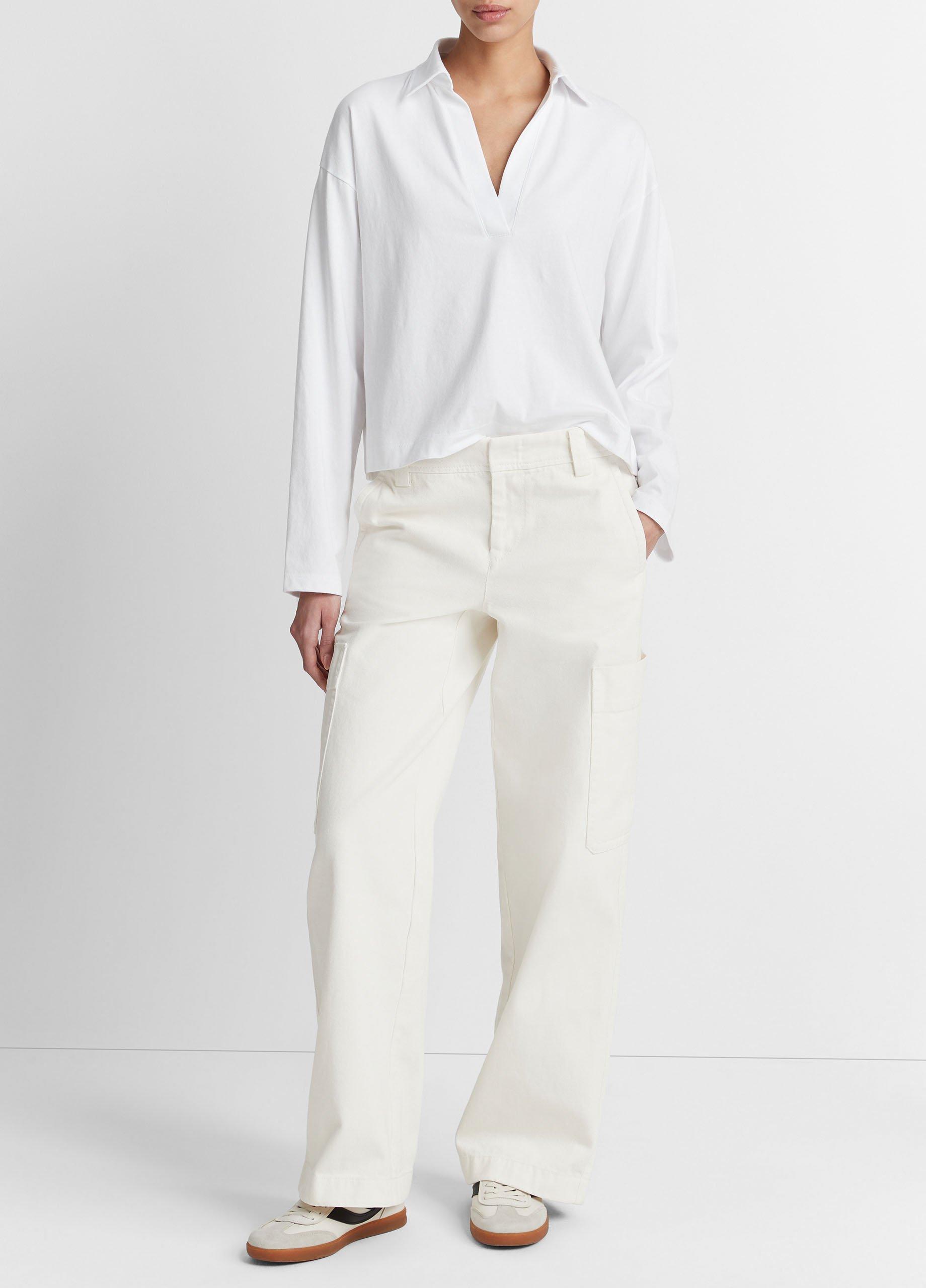 빈스 Vince Easy Pima Cotton Long-Sleeve Polo Shirt,OPTIC WHITE