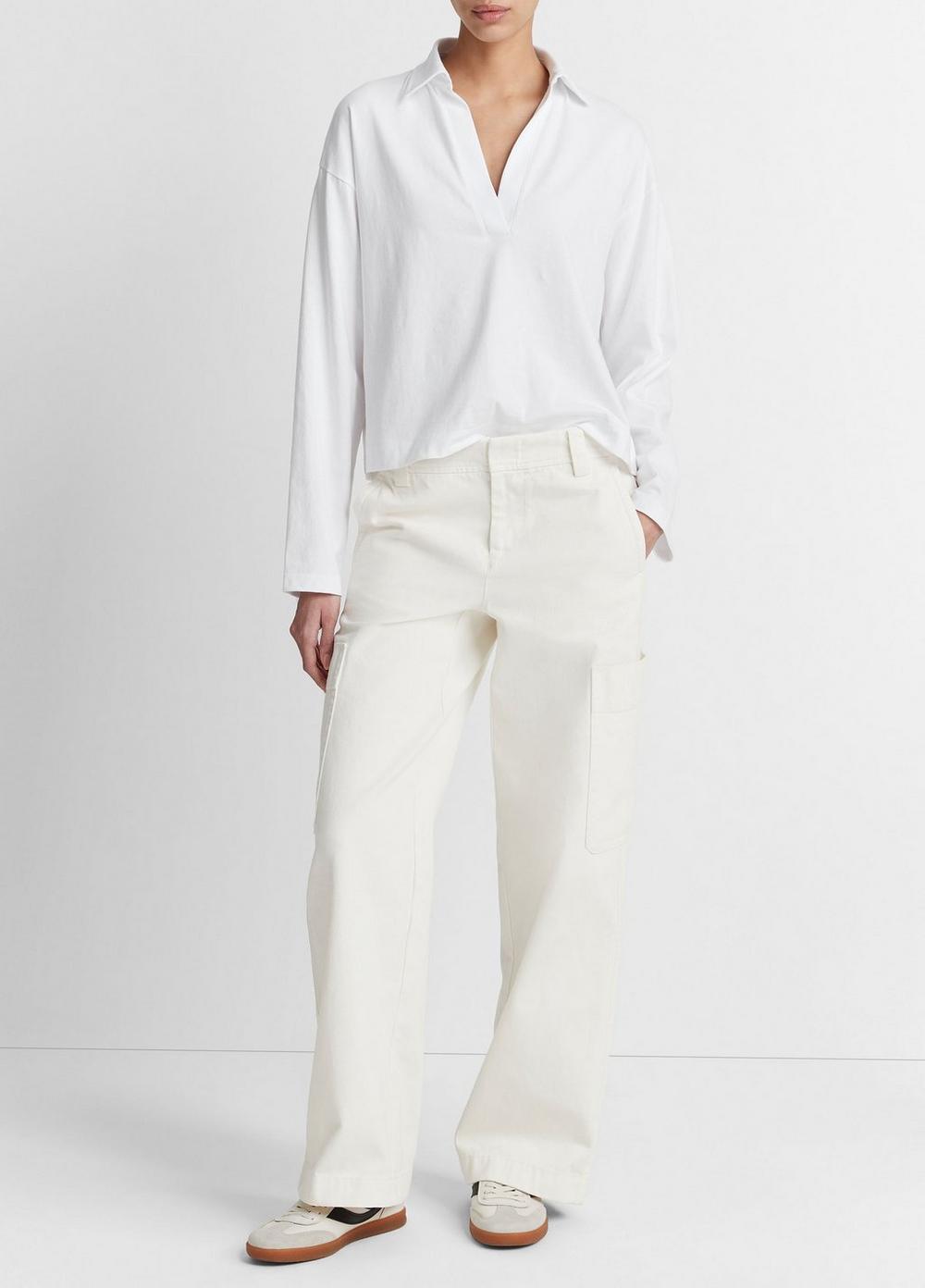 Easy Pima Cotton Long-Sleeve Polo Shirt, Optic White, Size XL Vince