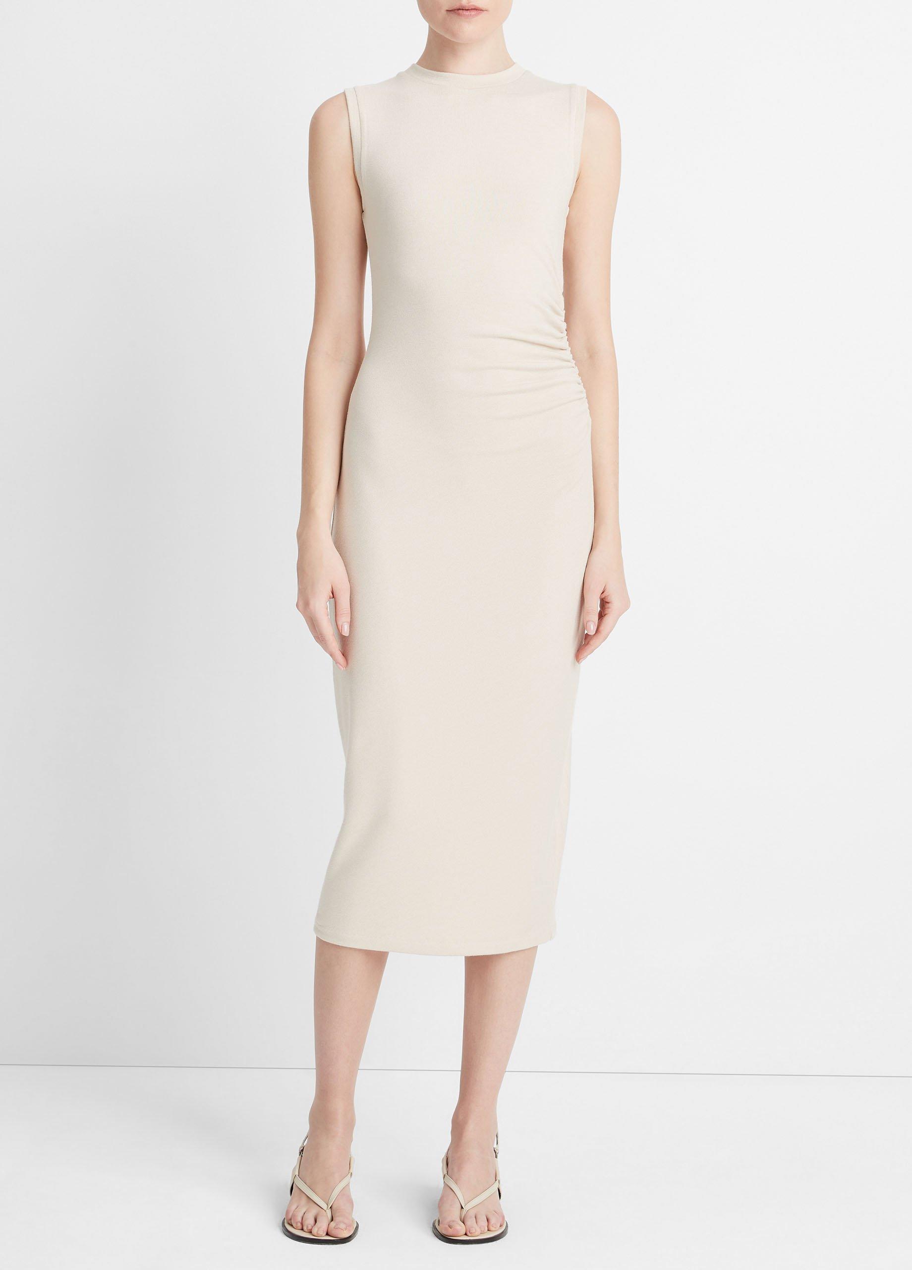 빈스 Vince Sleeveless Gathered-Waist Dress,PALE FAWN