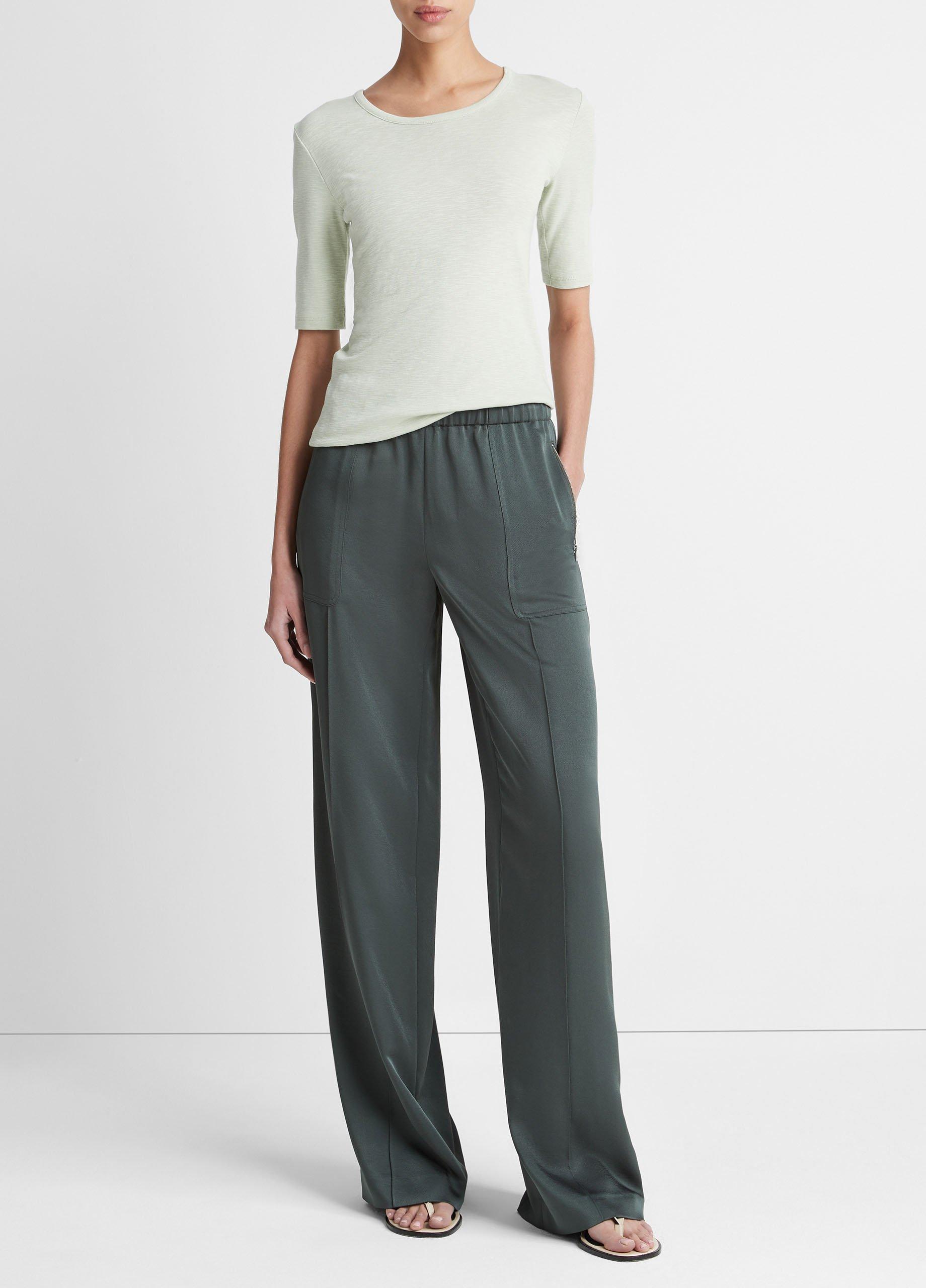 빈스 Vince Shiny Wide-Leg Pull-On Pant,NIGHT PINE