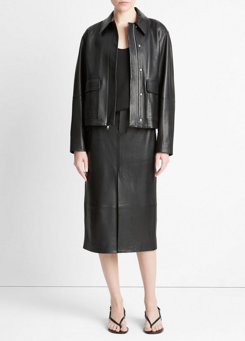Vince Drape Front Feather Leather Jacket in Black