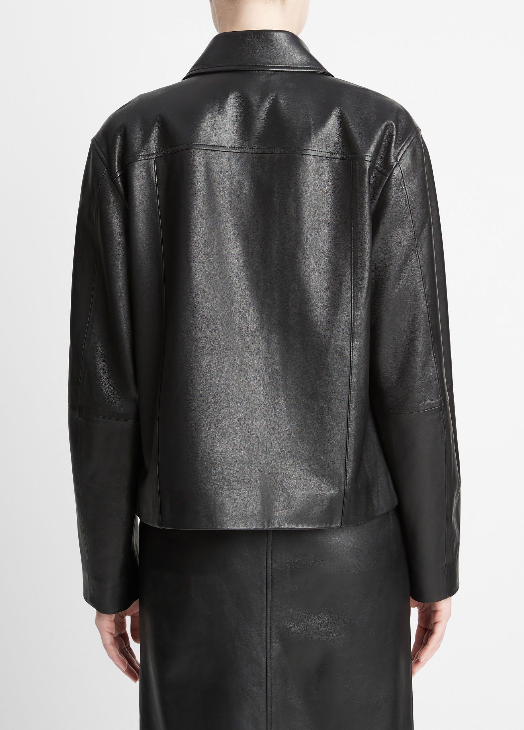 Vince Drape Front Feather Leather Jacket in Black