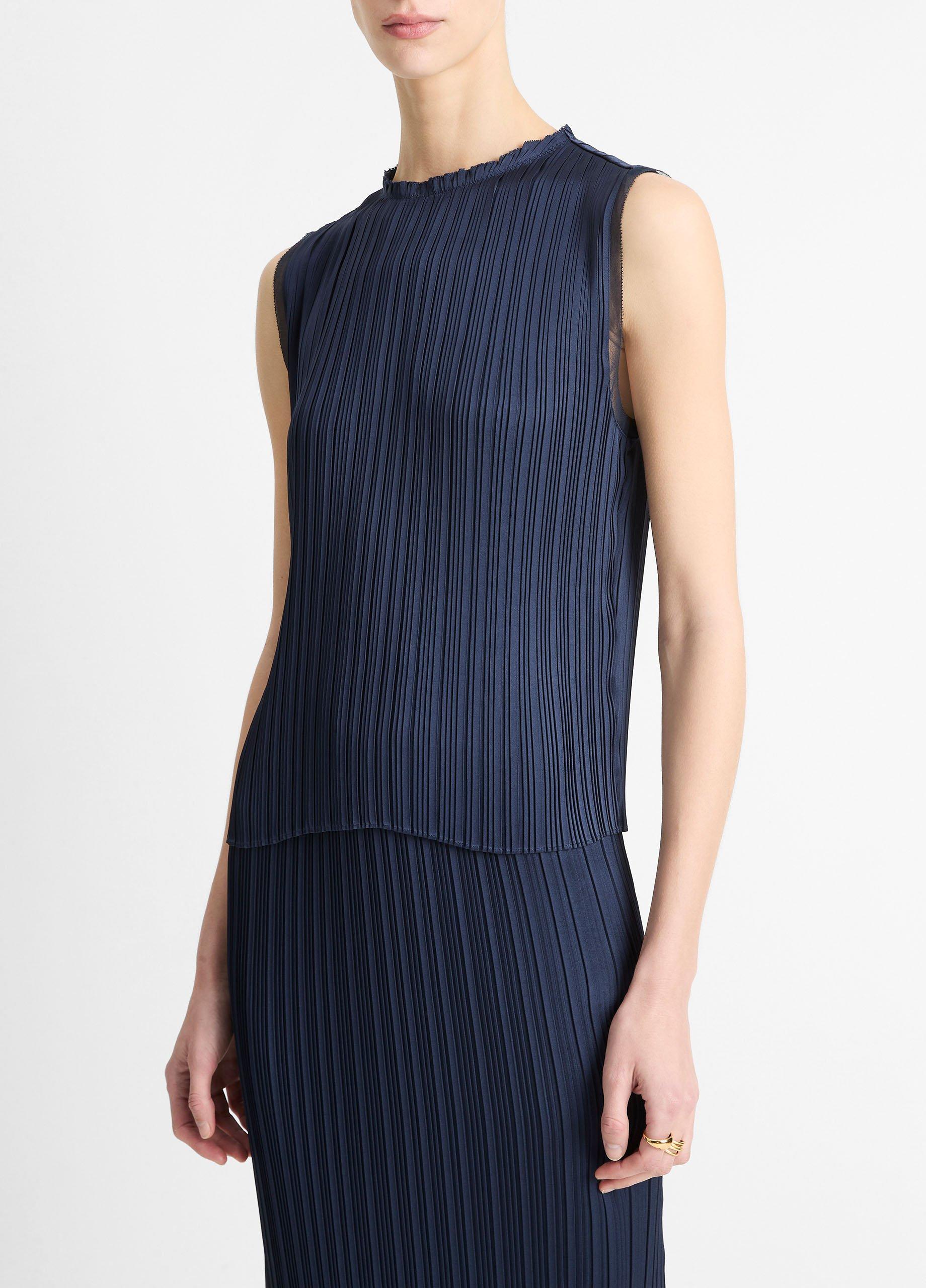 Pleated Satin Crew Neck Shell image number 1