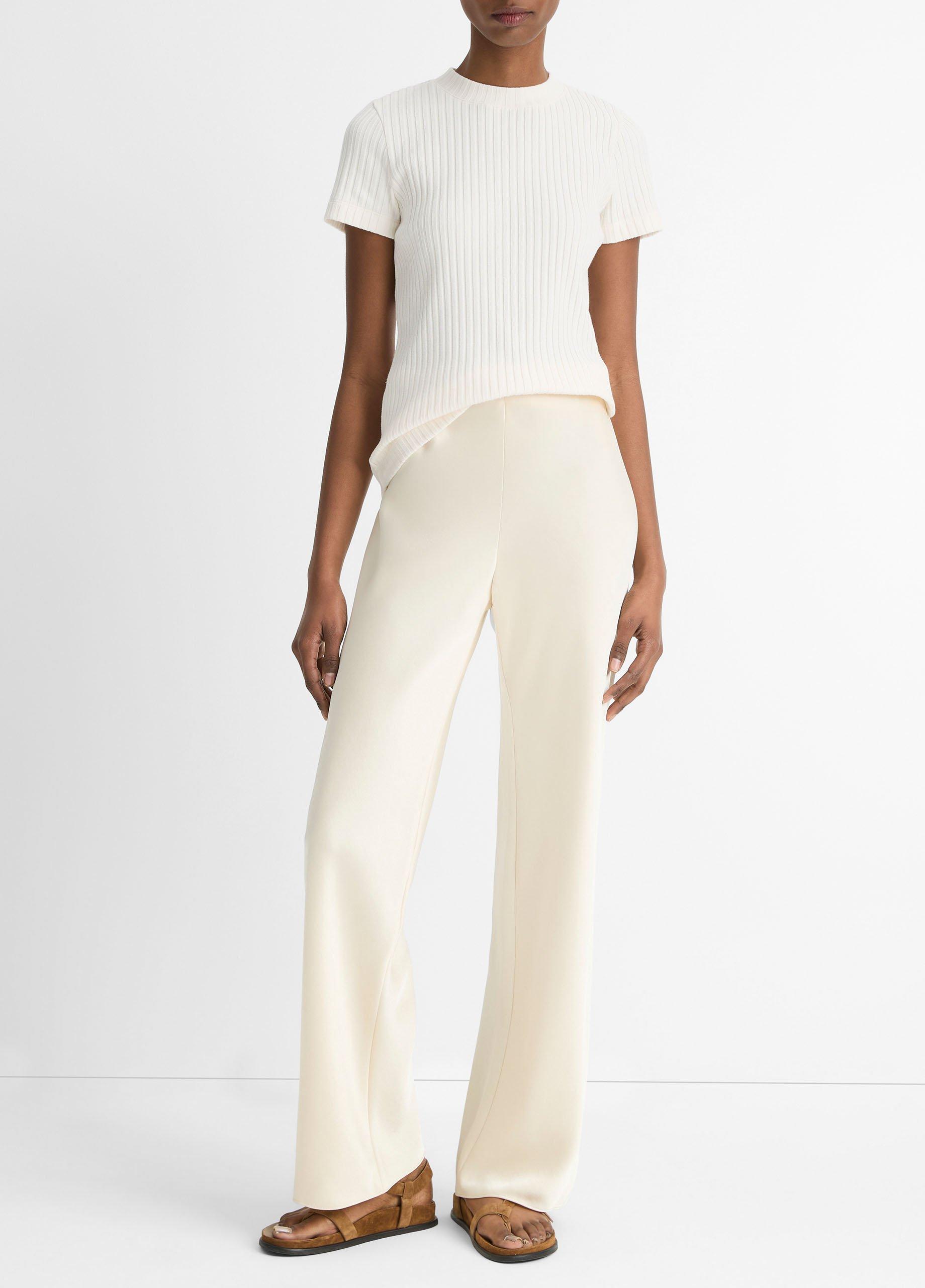 (取寄) ヴィンス レディース リブ ショート スリーブ クルー Vince women Rib Short Sleeve Crew Off White Ribbed Cotton-Blend Top in Short Sleeve | Vince