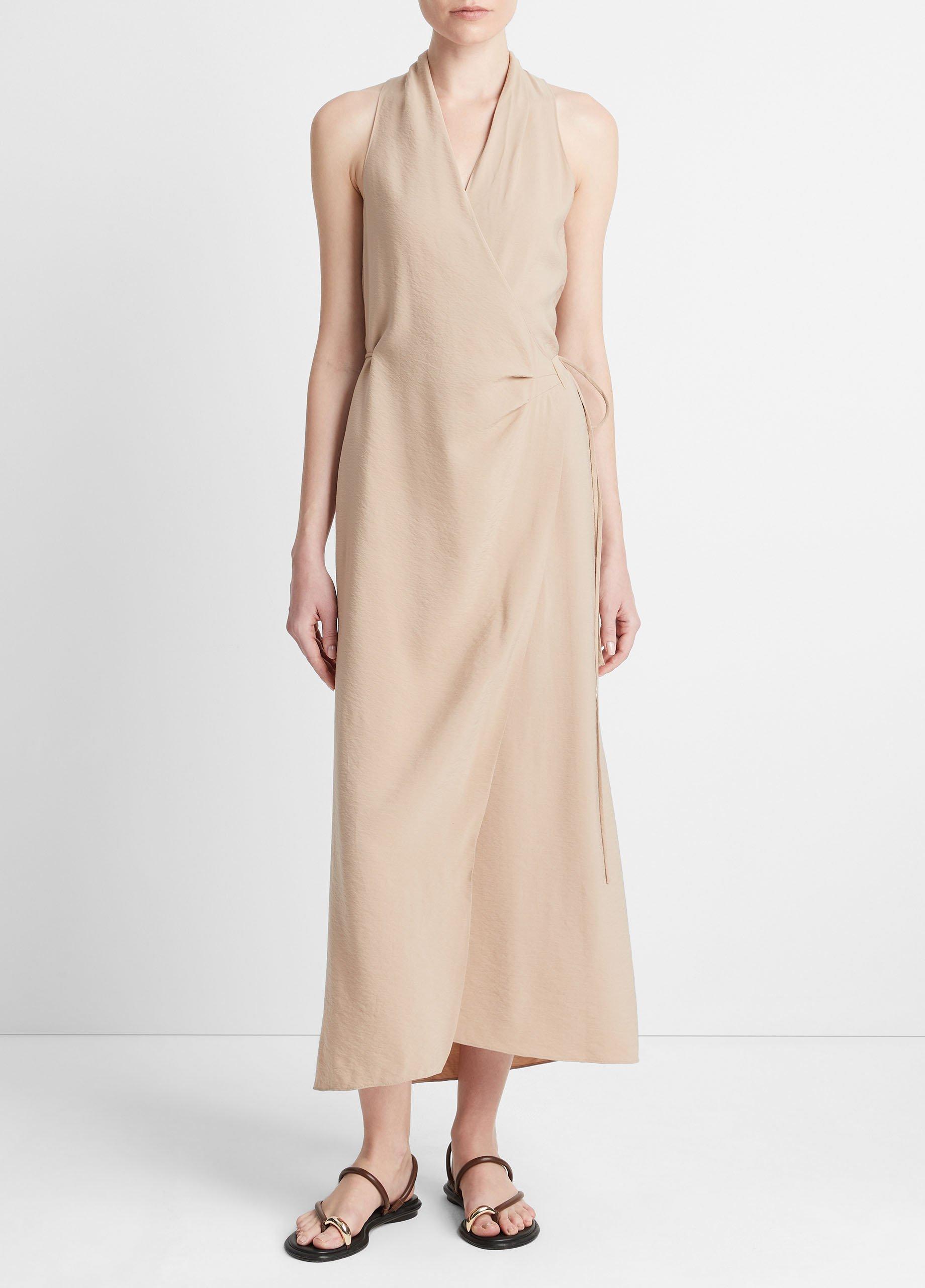 빈스 Vince Draped-Neck Wrap Dress,PALE WHEAT