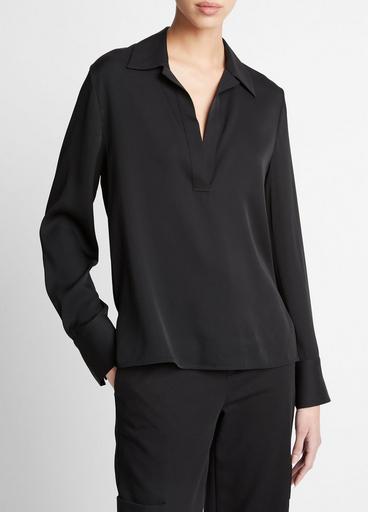 Stretch-Silk Long-Sleeve Polo Blouse image number 2