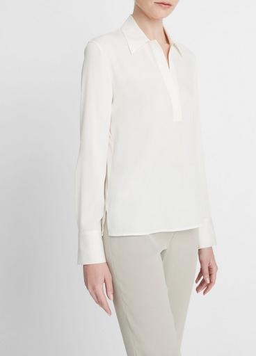 Stretch-Silk Long-Sleeve Polo Blouse image number 2